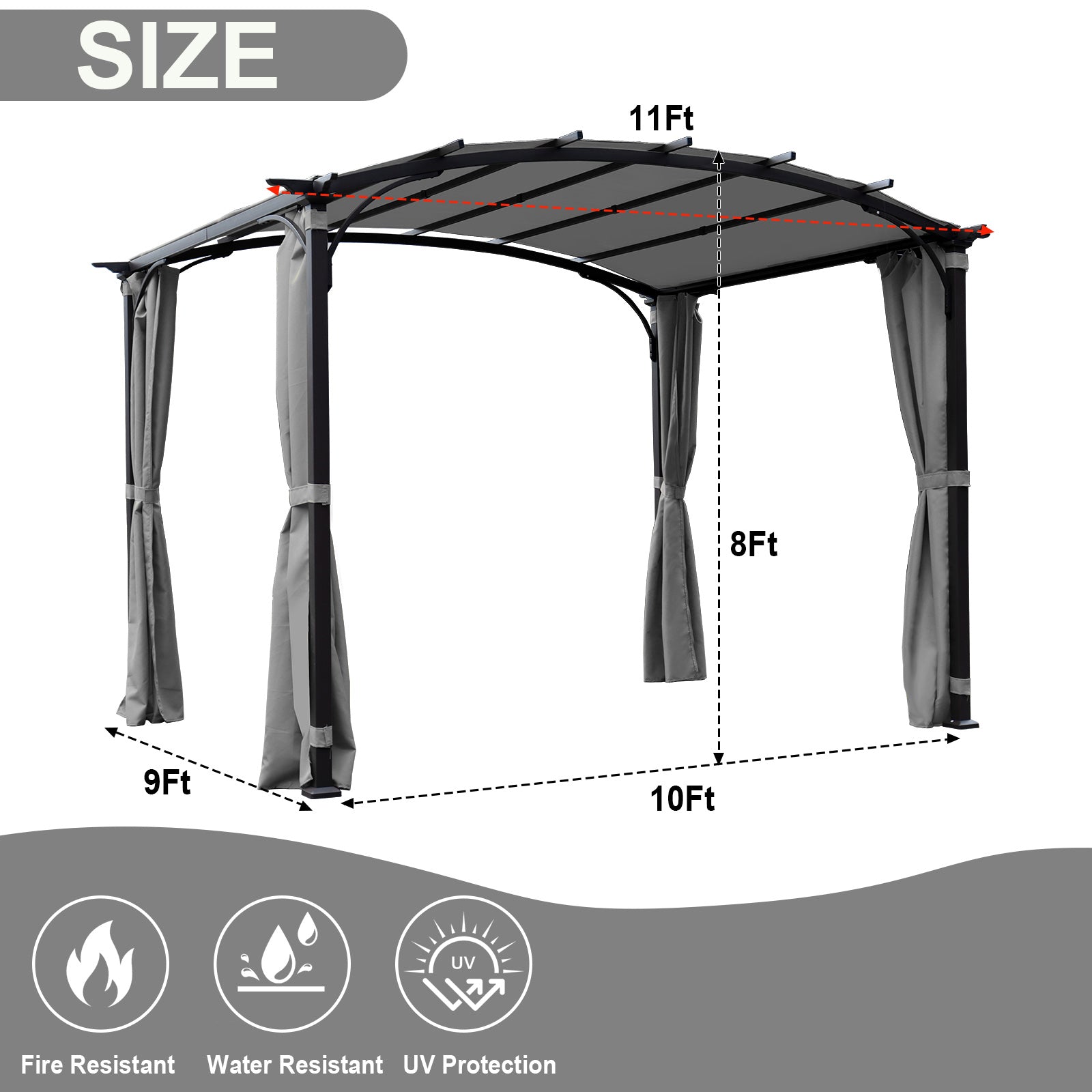 Patio Pergola 9 X 11Ft Arched Gazebo With Waterproof Sun Shade Shelter Awning Steel Frame Grape Gazebo For Garden Backyard Grey Gray Steel