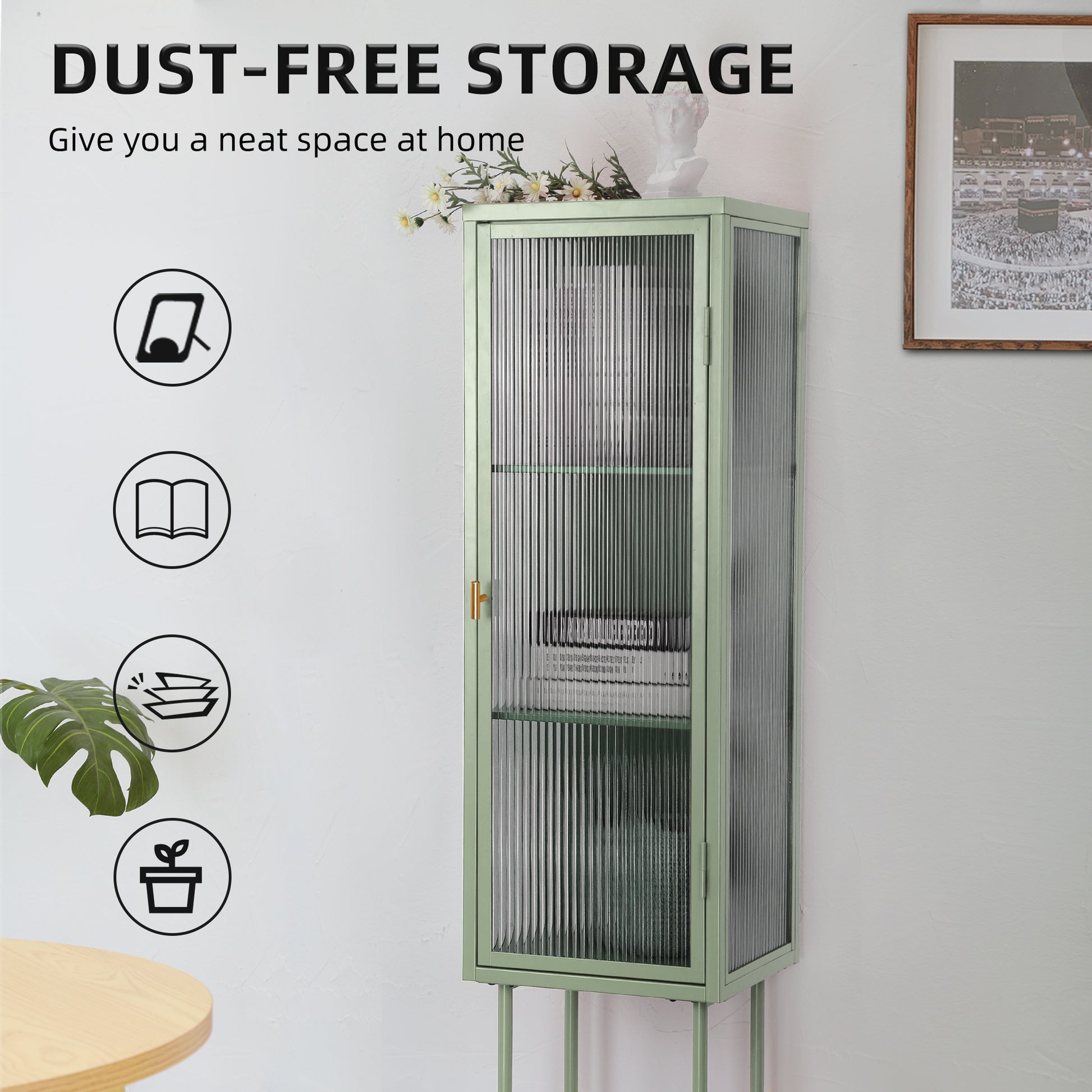 Retro Style Freestanding Metal Tall Display Cupboard With Glass Door And Three Detachable Shelves For Office, Living Room, Kitchen Console Sideboard,Bedside Entryway Mint Green Old Sku:W68751718 Mint Green Steel