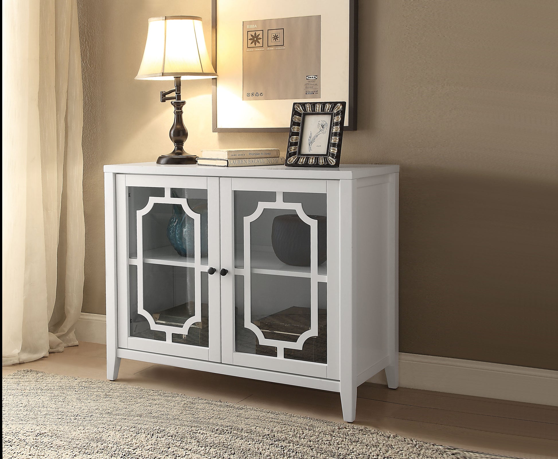 Ceara White Finish Console Cabinet White Glass,Mdf