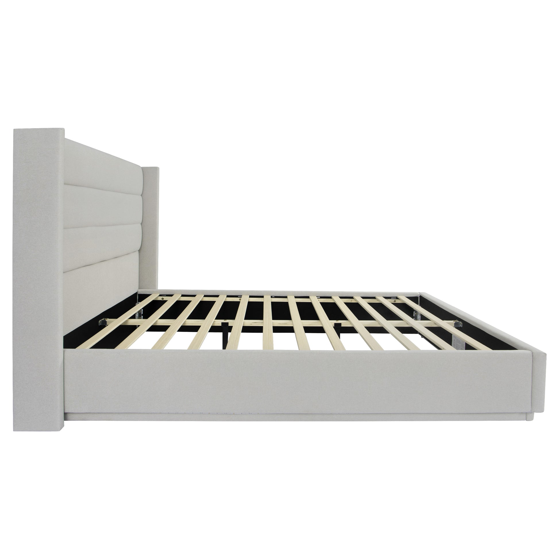 Queen Size Platform Bed With Led Light, Greige Box Spring Not Required Queen Greige Wood Fabric,Plywood,Upholstered