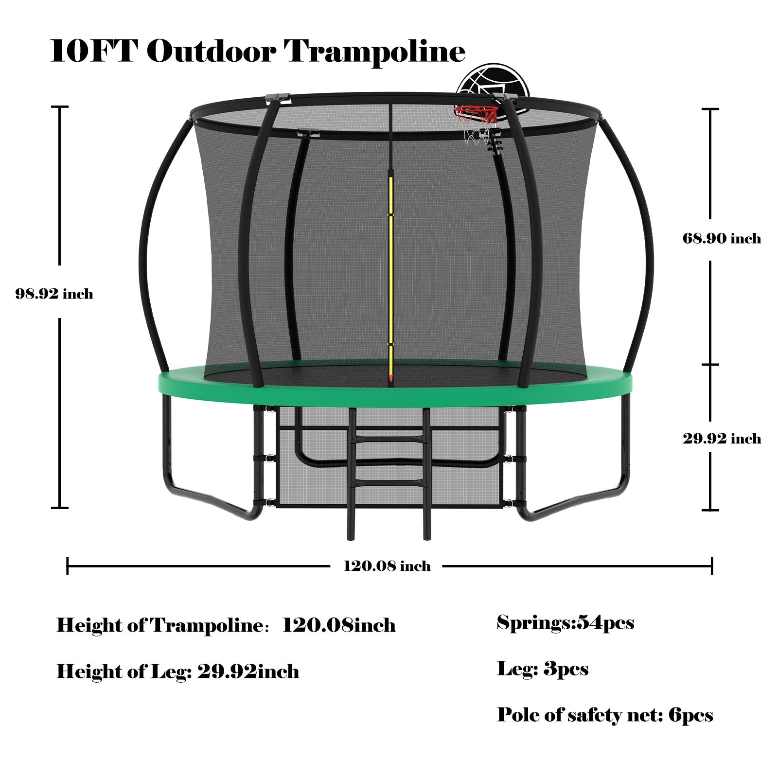 10Ft Pumpkin Trampoline, Outdoor Trampoline With Basketball Hoop, Enclosure Net And Ladder Green Steel