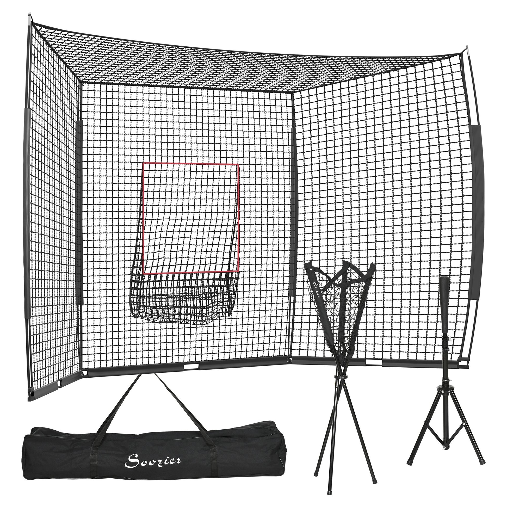 Soozier 17' X 5.5' Baseball Net With Strike Zone, Tee, Caddy, And Carry Bag For Pitching And Hitting, Portable Extra Large Softball And Baseball Training Equipment Black Steel