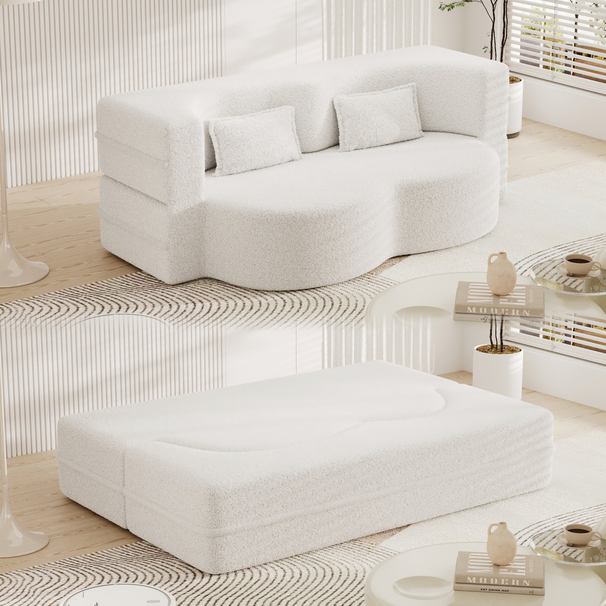 Modern Floor Sofa With 2 Pillows,Convertible Teddy Fabric Foam Filled Sleeper Sofa Bed,15" Full Size Folding Mattress For Living Room, Guest Bed, Playroom,No Assembly Required,White White Foam Spring 2 Seat