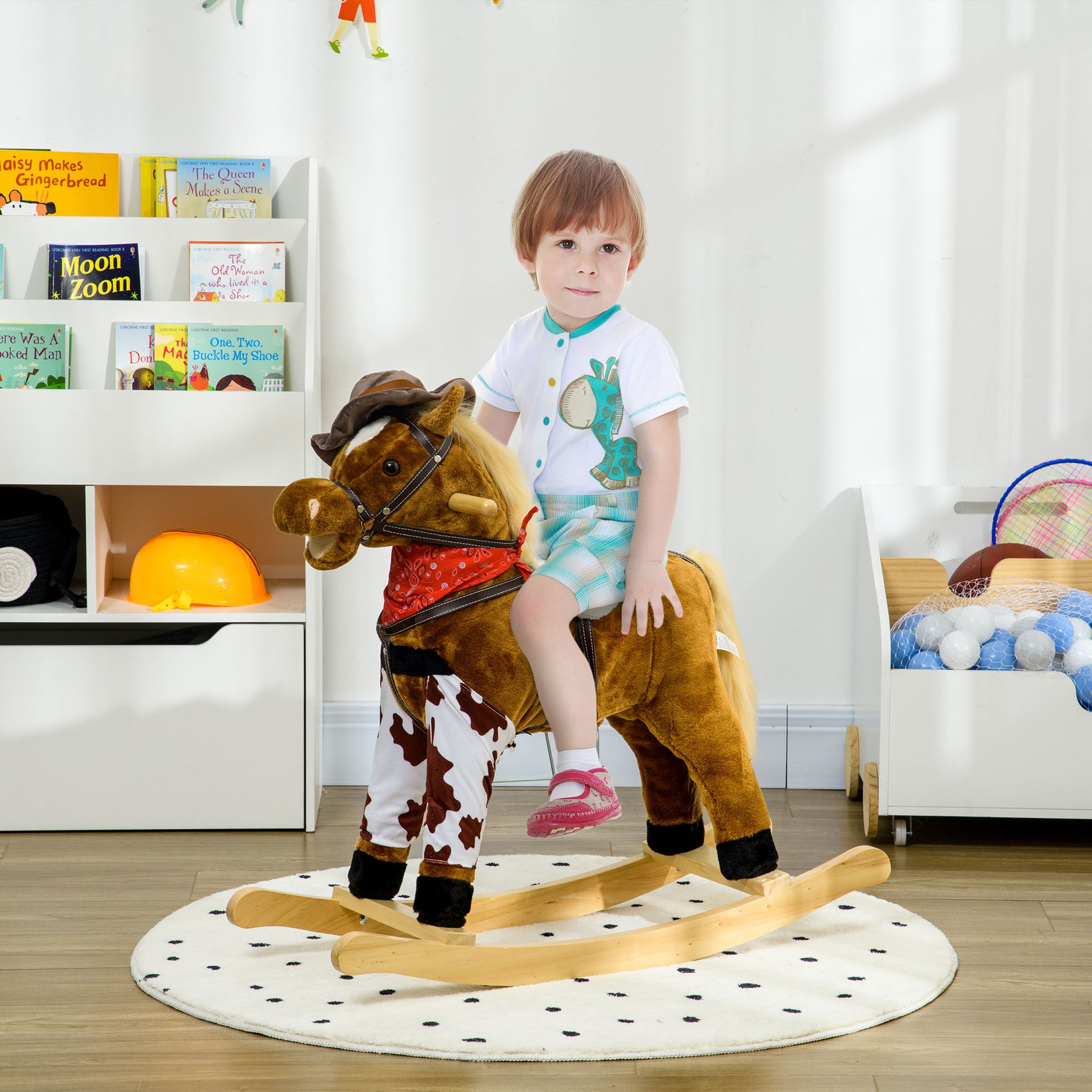 Qaba Baby Rocking Horse, Large Riding Horse, Plush Animal Rocker With Realistic Sound, Saddle, Toy For Boy Girl Ages 3 8 Years Old, Brown Brown Plush