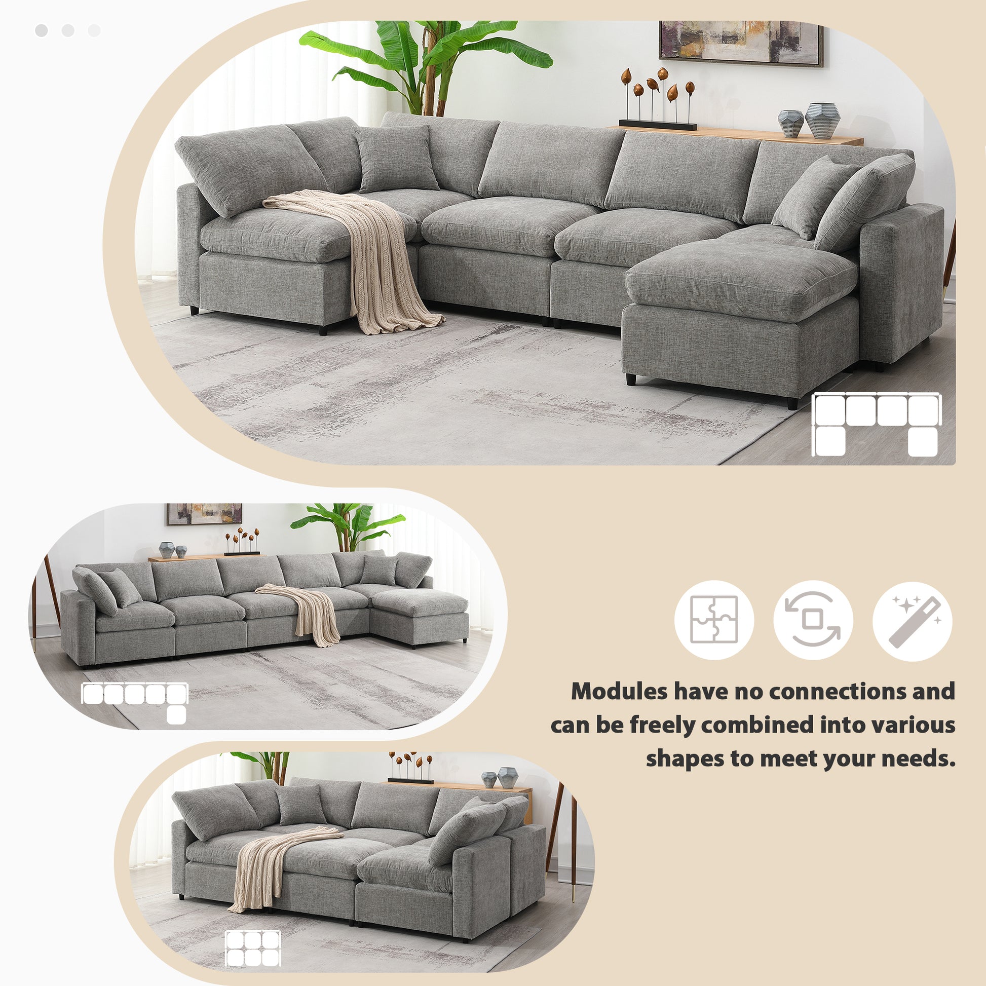 130*65" Modern Modular Cloud Sofa Bed, 6 Seat Chenille Sectional Couch Set With Ottoman,Free Combination,Convertible U Shaped Sleeper Sofa For Living Room, Apartment, 3 Colors Gray Chenille 6 Seat