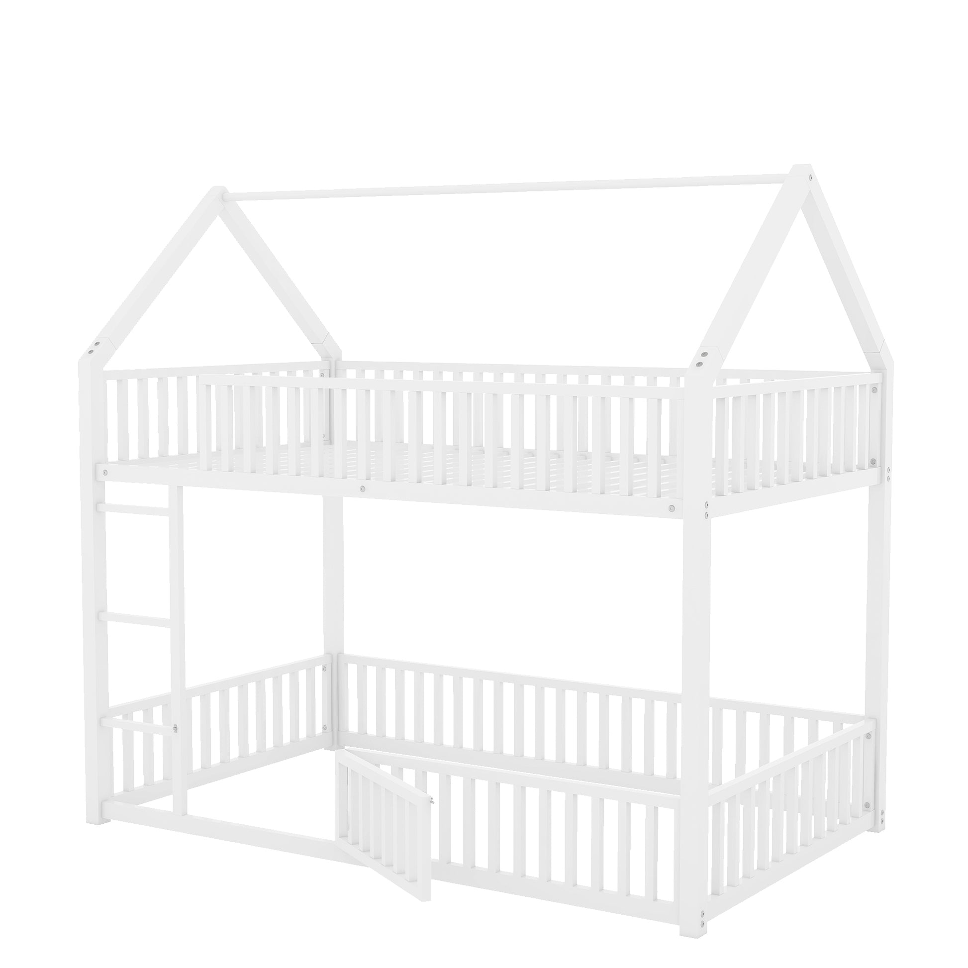 Metal Twin Over Twin House Bunk Bed With Fence And Door, White Box Spring Not Required Twin White Metal Bedroom Metal
