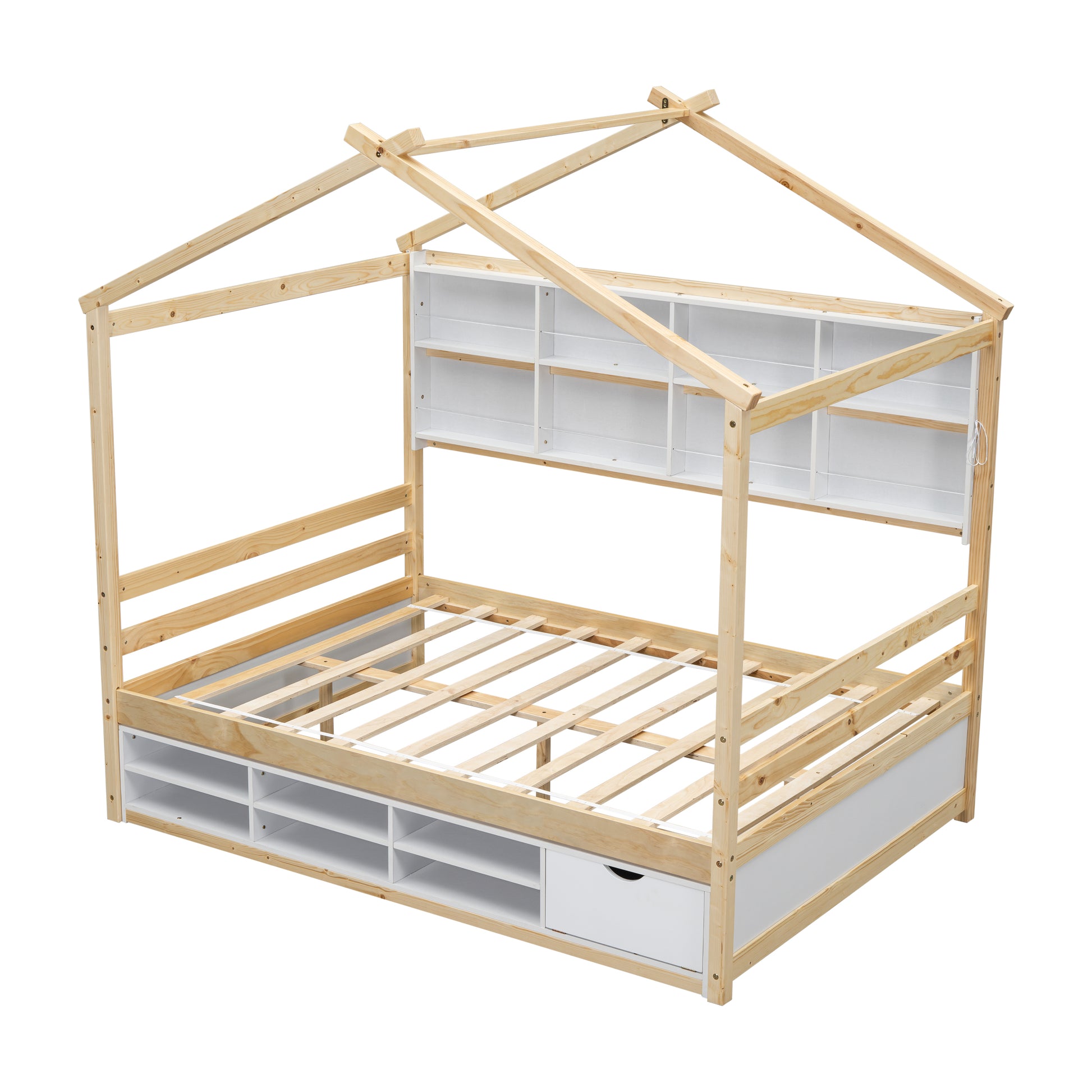 Full House Bed With Roof Frame, Bedside Shelves, Under Bed Storage Unit,Natural Full Natural American Design Pine