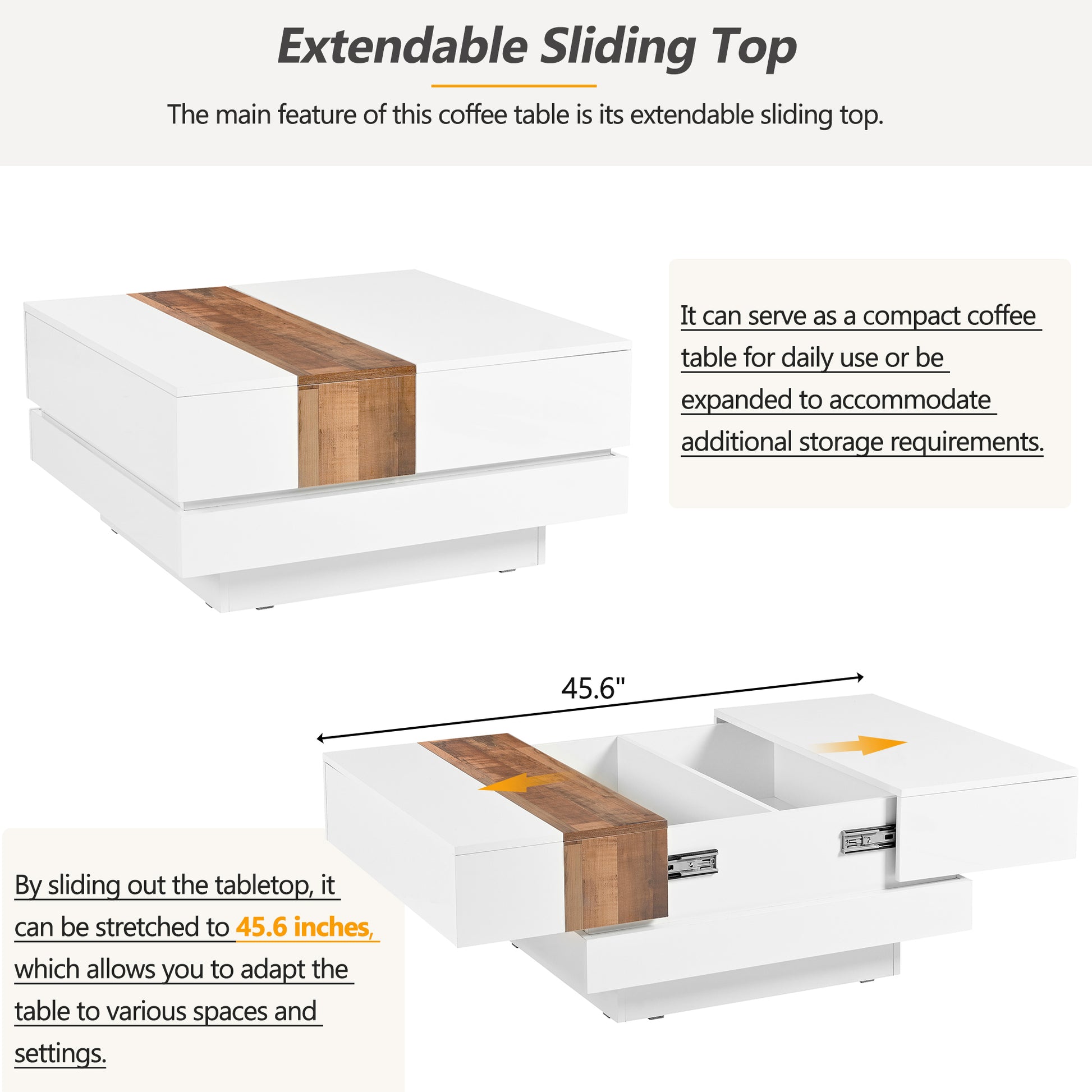 31.4'' X 31.4'' Square Coffee Table With Sliding Tabletop, High Gloss Center Table With Hidden Storage Compartment, Extendable Cocktail Table With Walnut Grain Finish For Living Room, White White Square Mdf