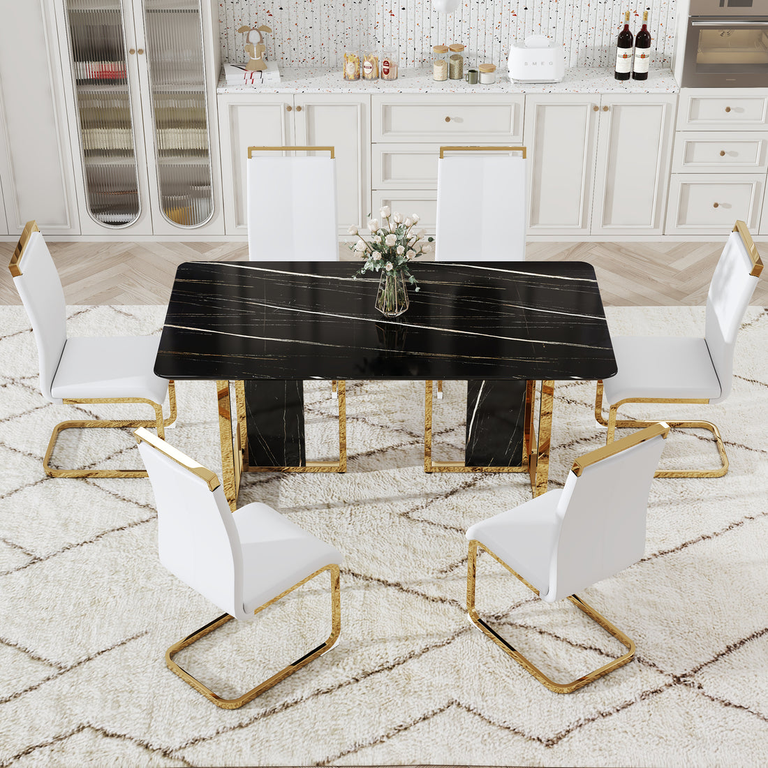 Table And Chair Set. Modern Dining Table With Mdf Top And Beautiful Mdf Legs. Equipped With Comfortable Pu Chairs And Metal Legs. Suitable For A Wide Range Of Decorative Styles. Black,White Seats 6 Mdf