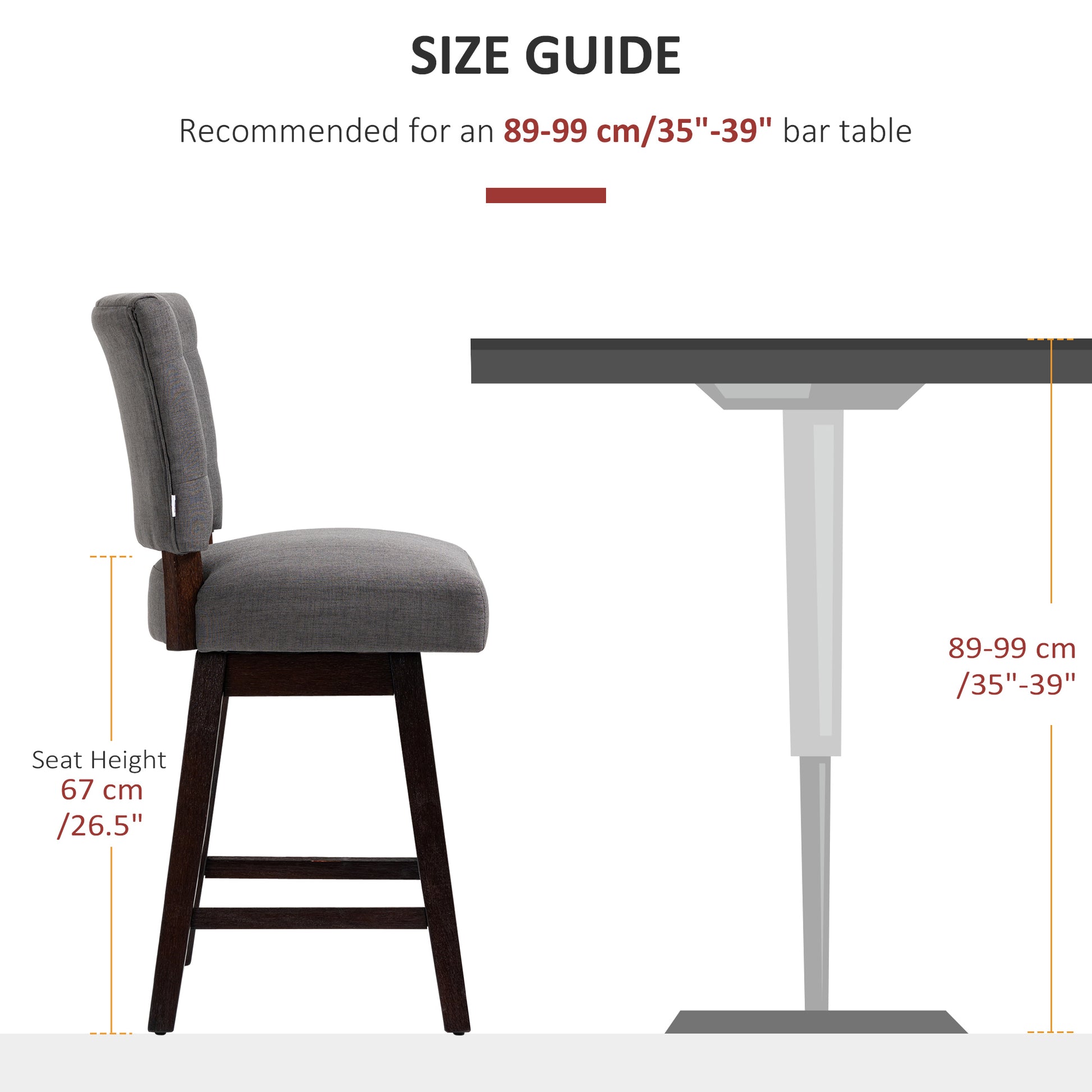 Homcom Counter Height Bar Stools Set Of 2, Fabric Tufted Swivel Barstools 26.5 Inch Seat Height With Rubber Wood Legs And Footrest For Dining Room, Kitchen, Pub, Grey Dark Grey Rubber Wood