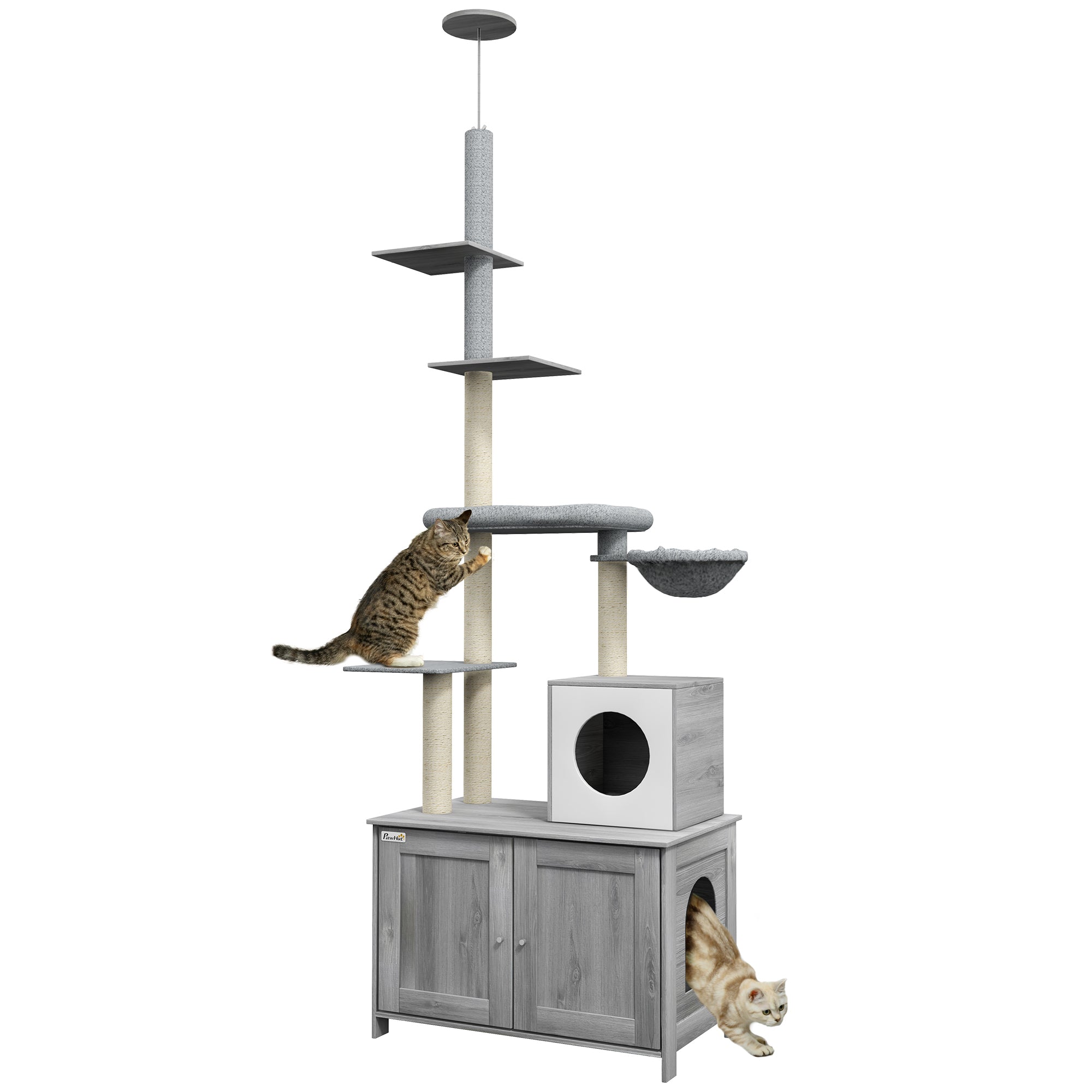 Pawhut Cat Tree With Litter Box Enclosure, 2 In 1 Floor To Ceiling Cat Tower Litter Box Furniture With Condo, Bed, Hammock, Scratching Posts, And Platforms For Indoor Use, Gray Grey Polyester