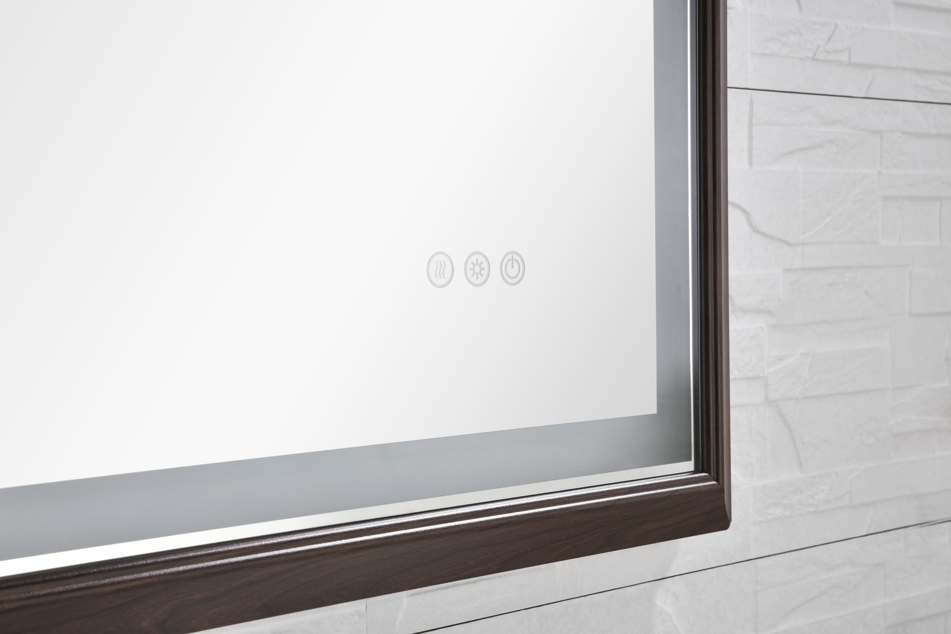 Bathroom Led Mirror Is Multi Functional And Each Function Is Controlled By A Smart Touch Button. Brown Aluminium