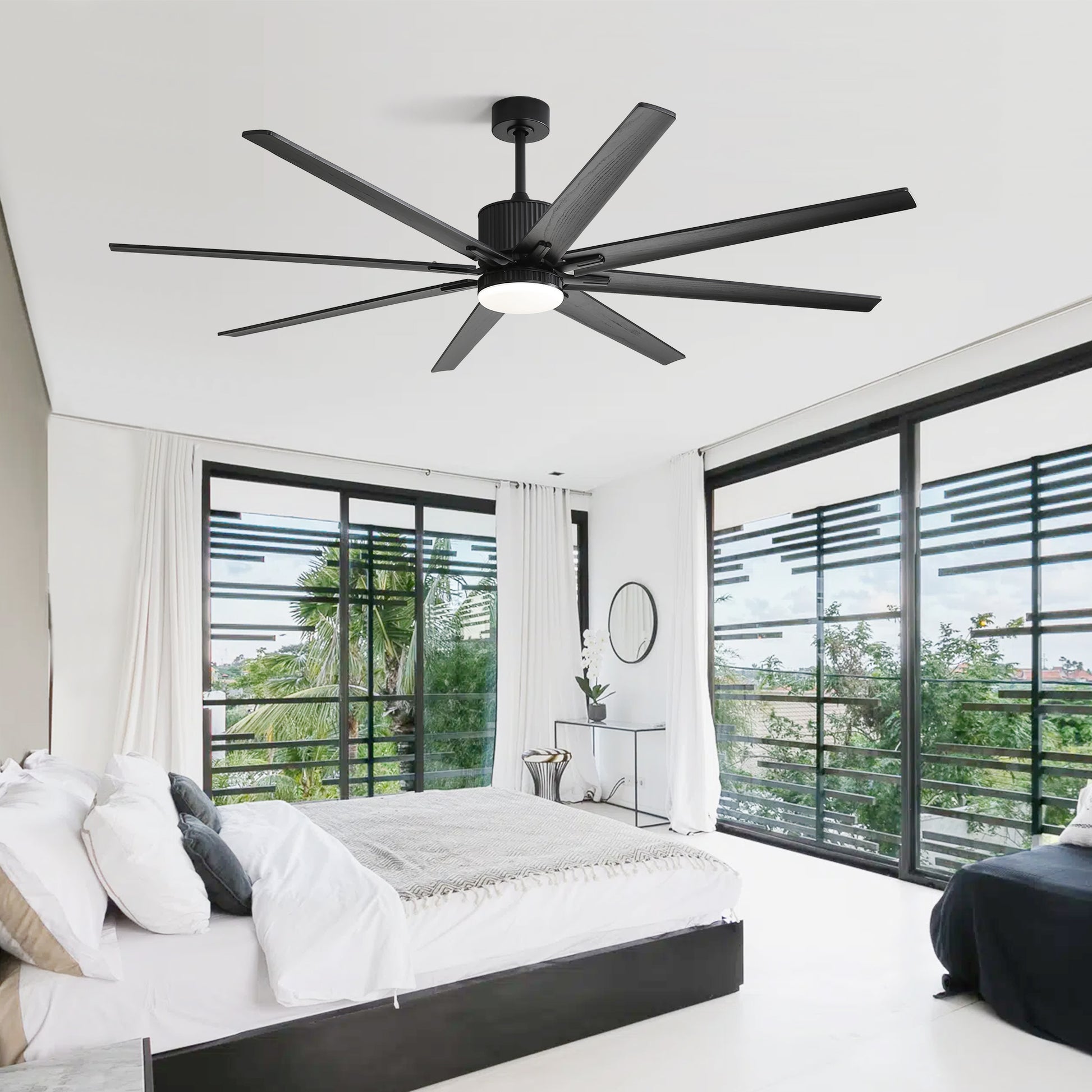 76 Inch With 18W Dimmable Led Light Remote Control 8 Solid Wood Blades Black For Living Room Black Metal & Wood
