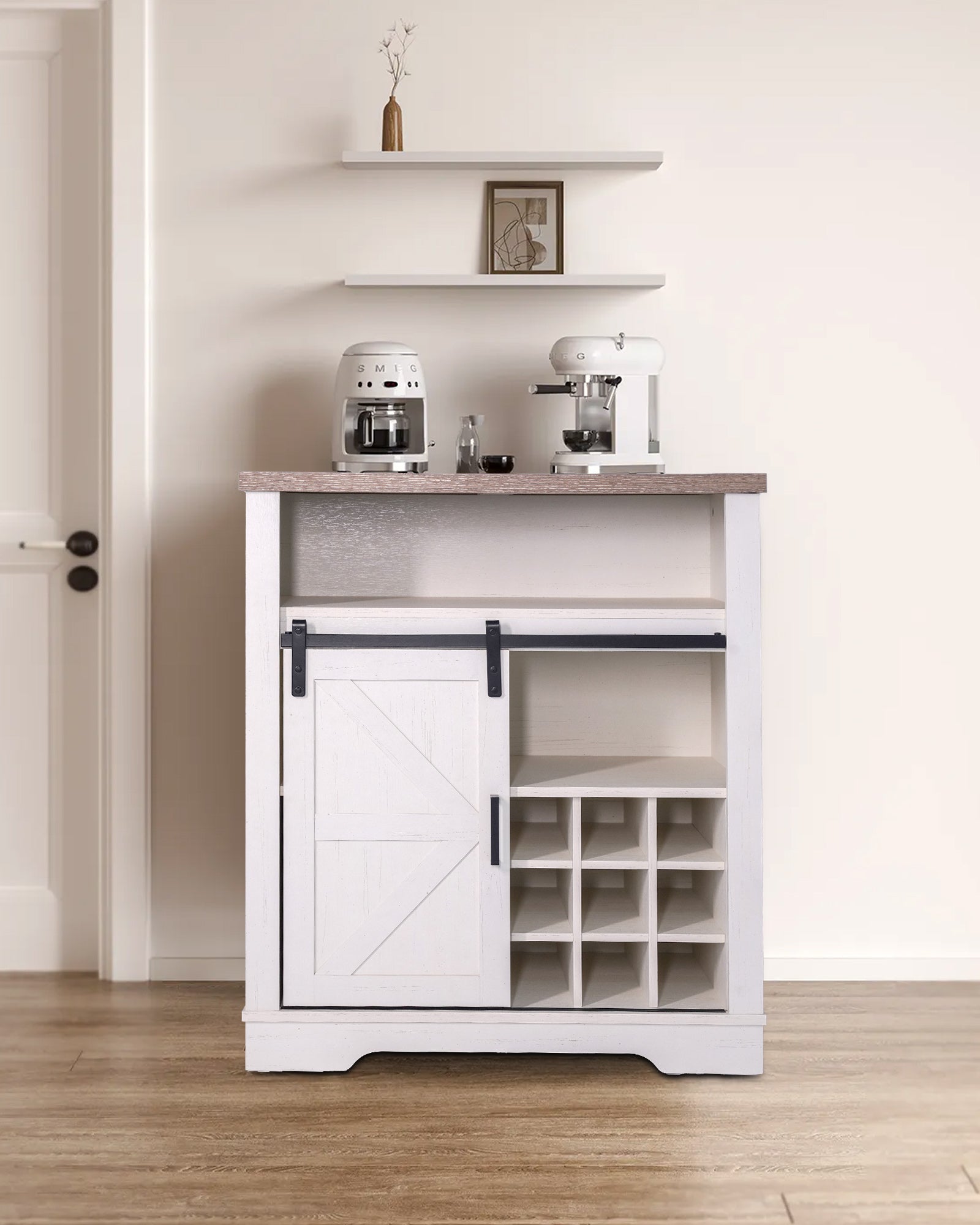 Farmhouse Storage Cabinet With Sliding Barn Door & Wine Shelf, Small Storage Cabinet For, Kitchen, Living Room, Rustic Oak With Antique White White Oak Particle Board