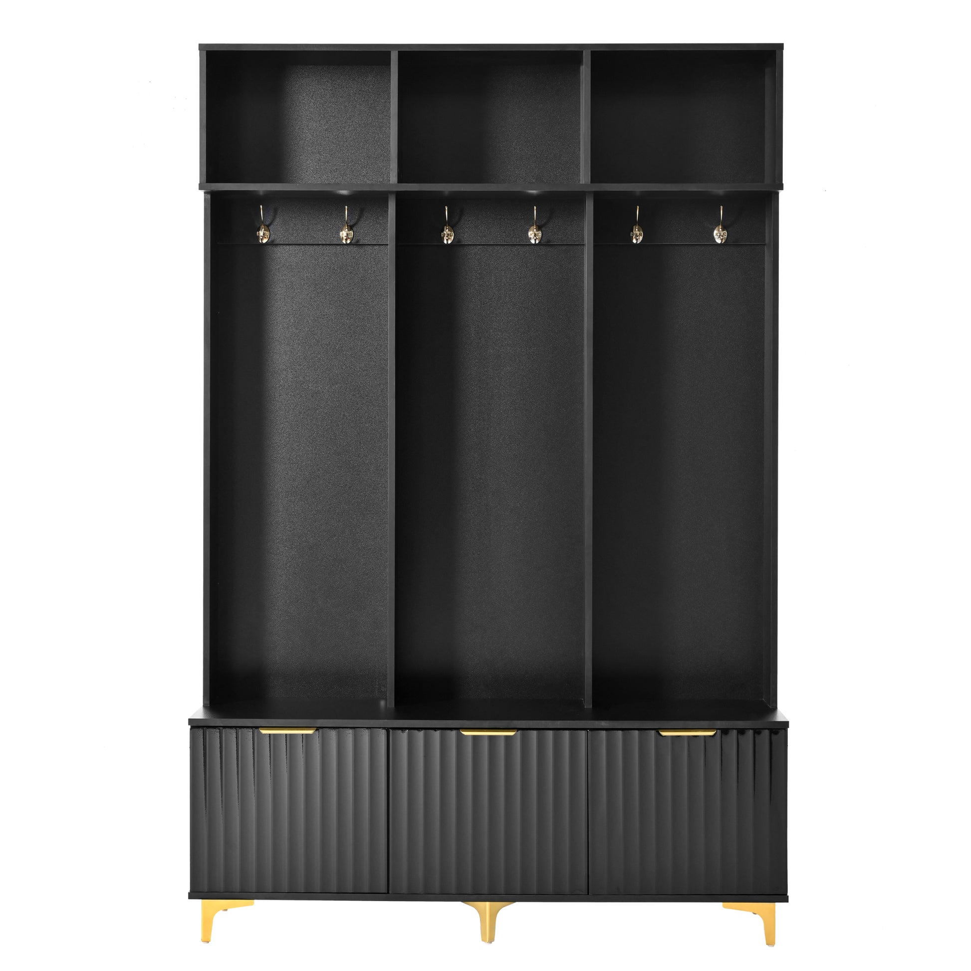 Modern Large Storage Hall Tree With Bench, Multi Functional Storage Bench With High Gloss Fluted Doors, Luxurious Coat Rack With 6 Gold Hooks And Legs For Entryway, Living Room, Black Black Gold Particle Board