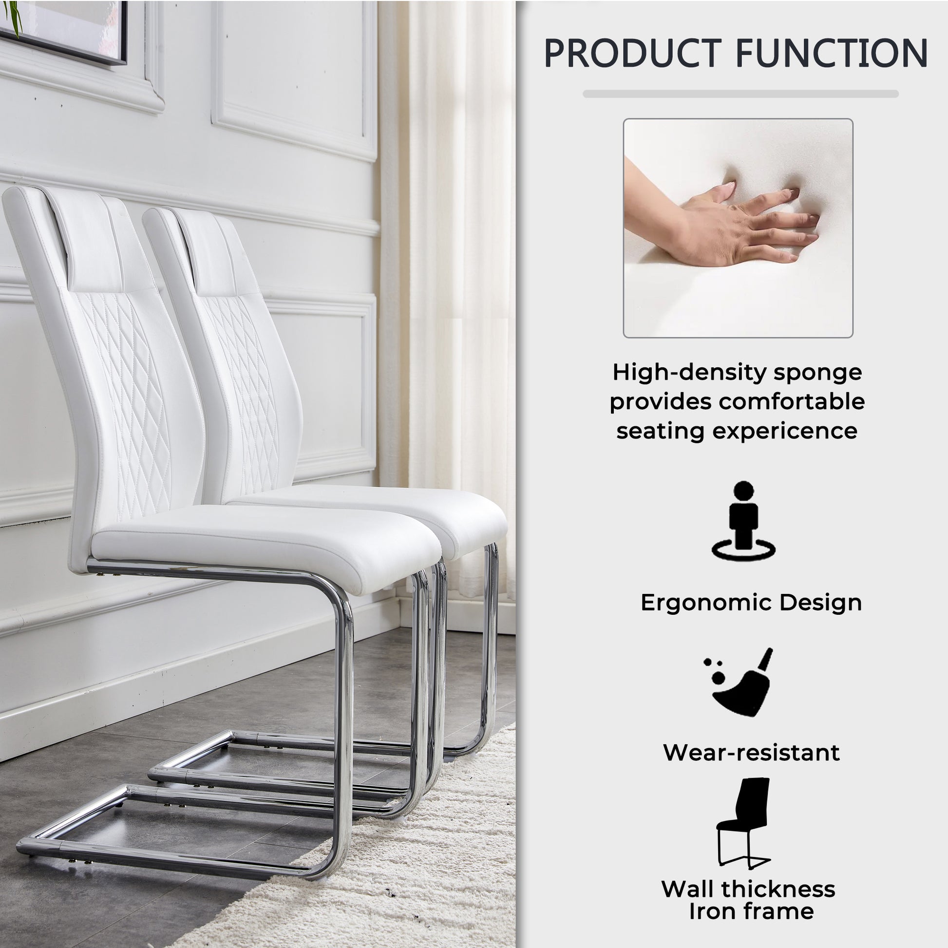 Table And Chair Set.Modern Dining Table,Tempered Glass Tabletop And Silver Colored Leg.Paired With 6 Soft And Comfortable High Quality White Pu Dining Chairs With Silver Legs. Silver,White Seats 6