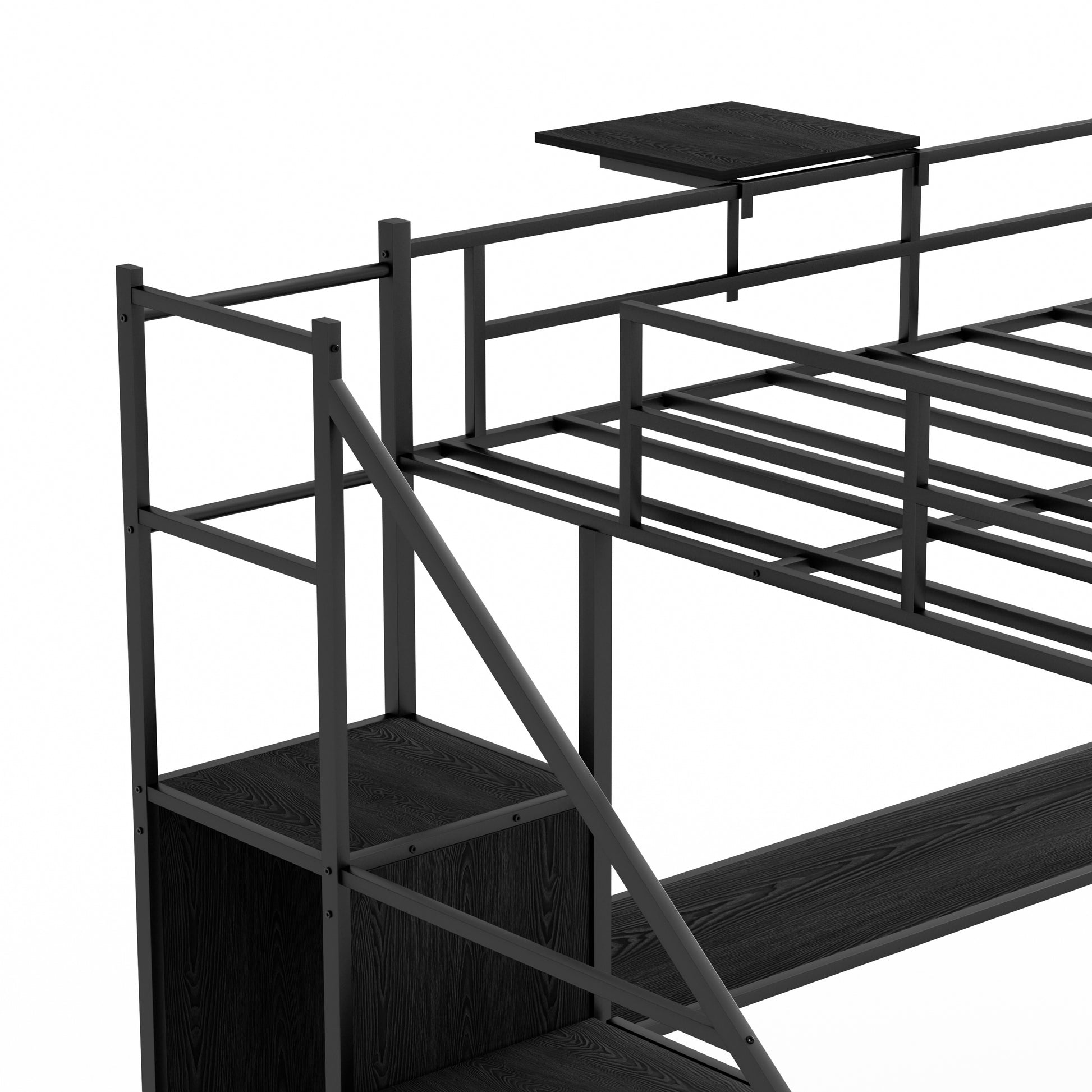 Full Size Metal Loft Bed With L Shaped Desk, Led Lights, Charging Cradle, Led Loft Bed Frame, Full Size Bed With One Cabinet Wardrobe And 2 Fabric Drawers, Safety Rails And Ladder, Black Black
