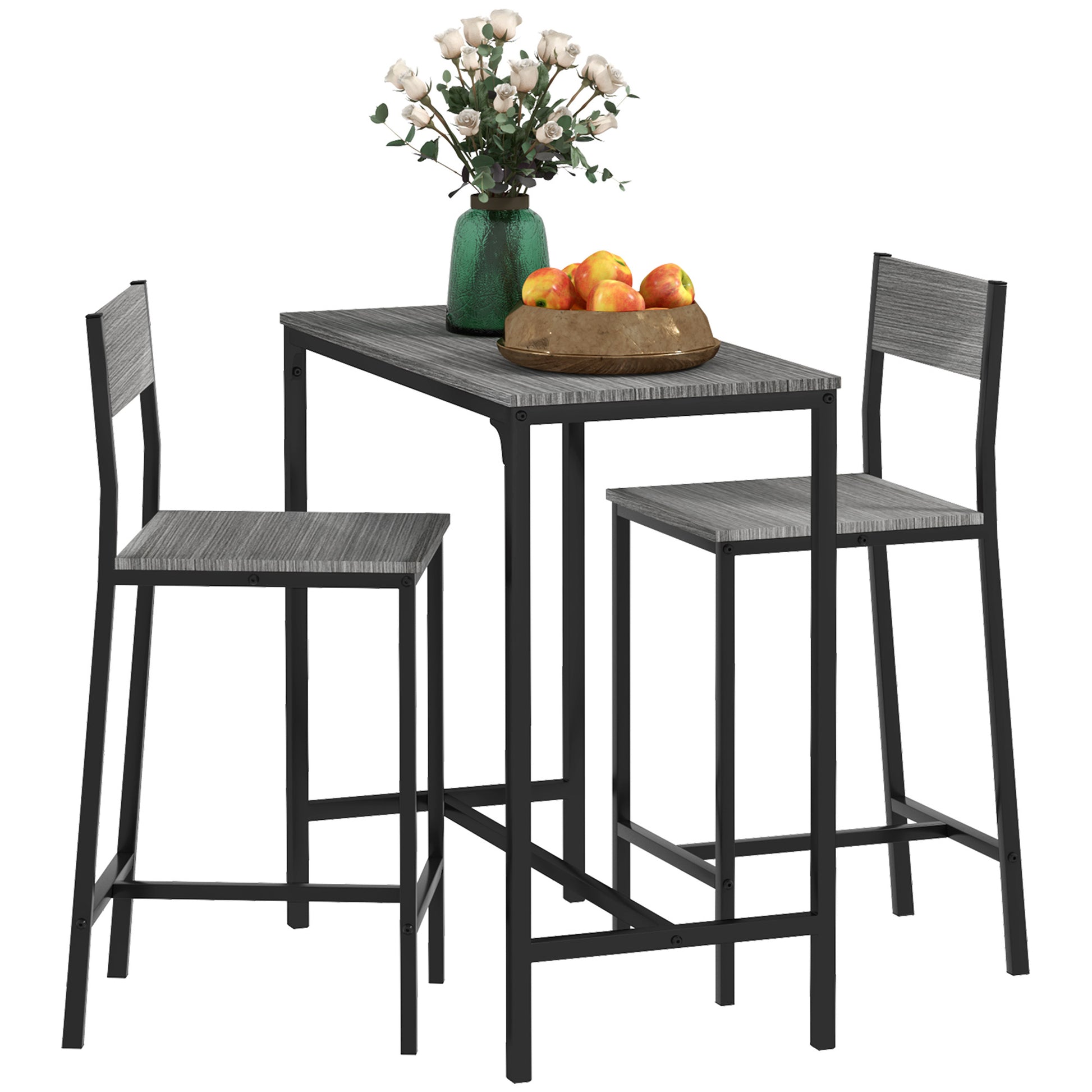 Homcom 3 Piece Bar Table And Chairs, Industrial Dining Table Set For 2, Counter Height Kitchen Table With Bar Stools, Breakfast Table Set For 2 For Small Space, Gray Grey Mdf