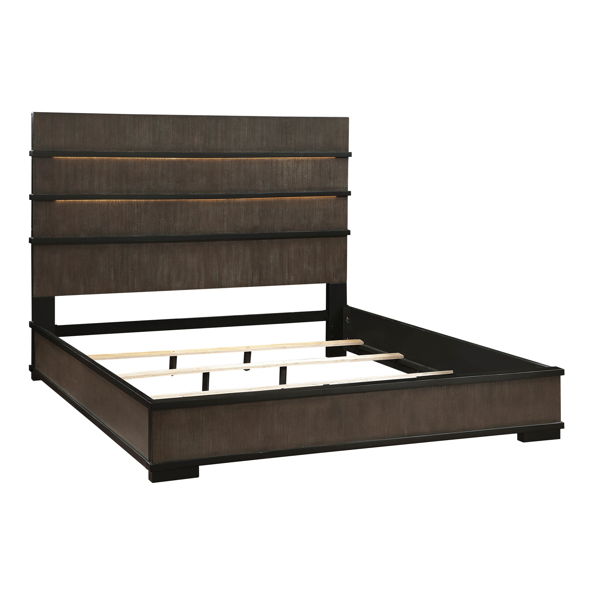 Two Tone Brown Black Finish Led Headboard King Bed 1Pc Modern Industrial Design Bedroom Furniture Box Spring Required King Black,Brown Gray Wood Bedroom Bed Frame Wood