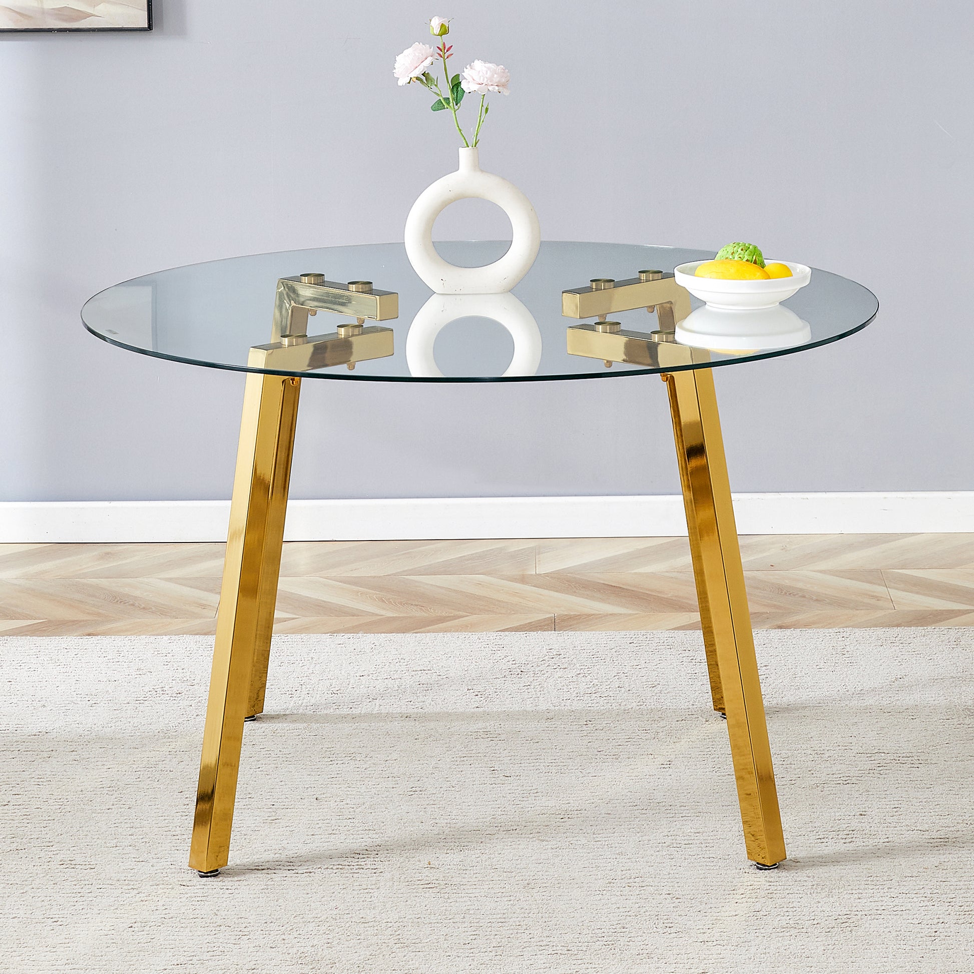 Modern Luxurious Round Tempered Glass Dining Table With Gold 7 Shaped Metal Legs,Suitable For Family Meals, Office Conferences, Or As A Casual Coffee Table For Various Occasions.47.3*47.3*29.5 Gold