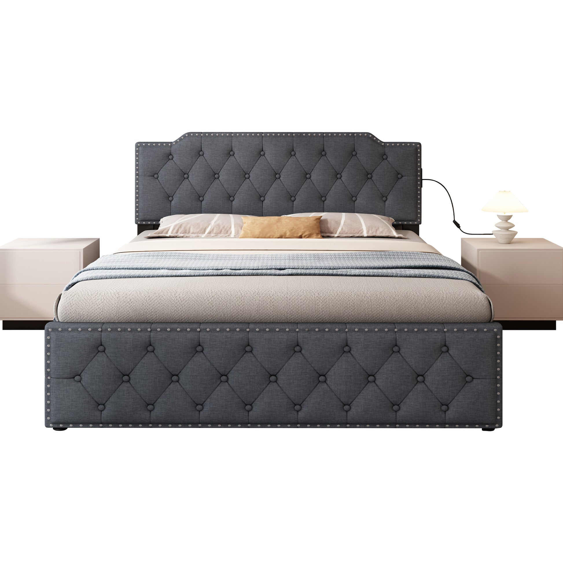 Queen Size Upholstered Platform Bed With Twin Size Trundle And Usb Portsdecorate With Copper Nails,Linen Fabric, Dark Grey Queen Dark Gray Composite Linen Fabric