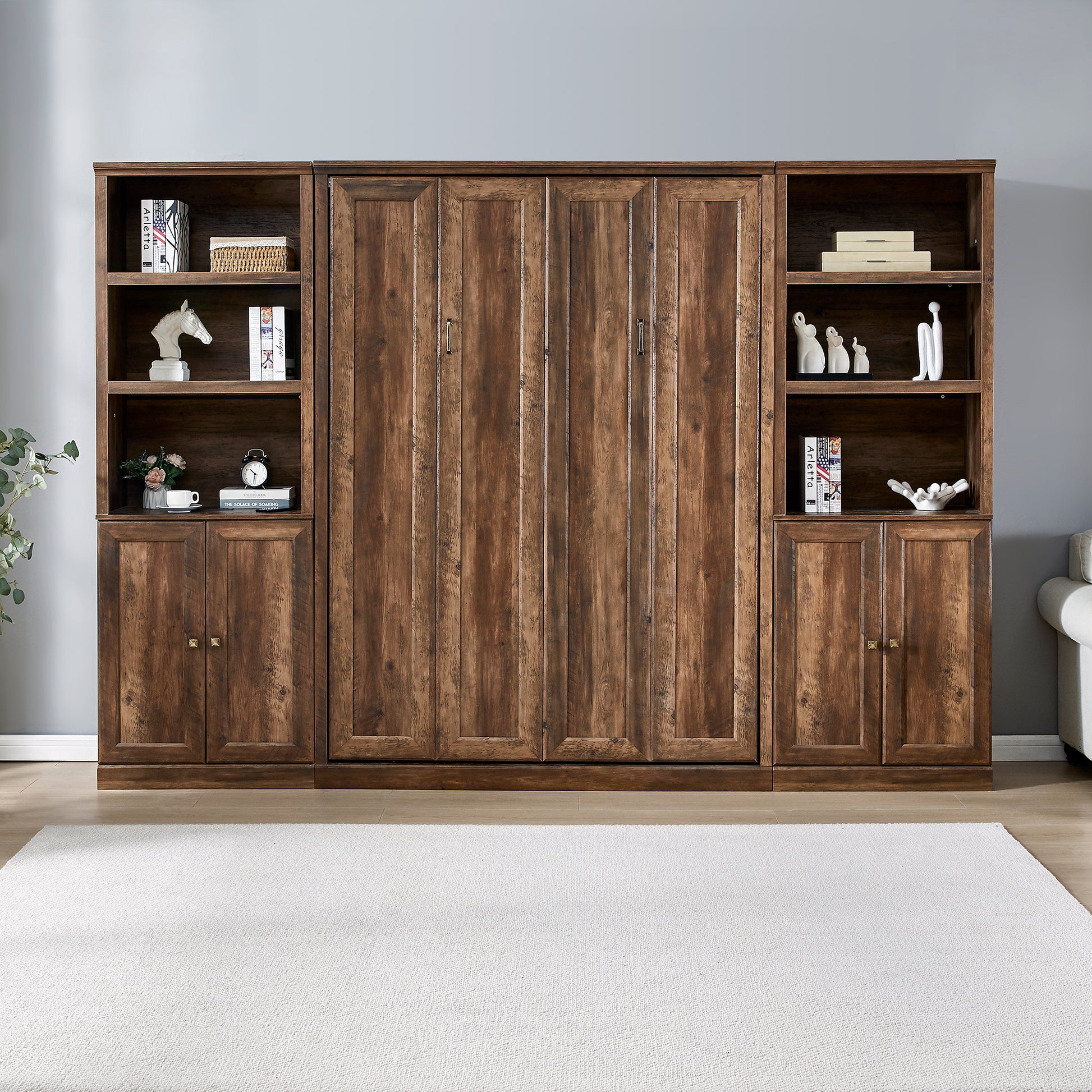 Full Size Half Self Close And Open Murphy Bed With 2 Side Cabinet Storage Shelf, Cabinet Space Saving Bed Perfect For Guest Room, Bed Room, Guest Room, Home Office, Brown Box Spring Not Required Full Brown Wood Brown Pine Murphy Solid Wood Mdf