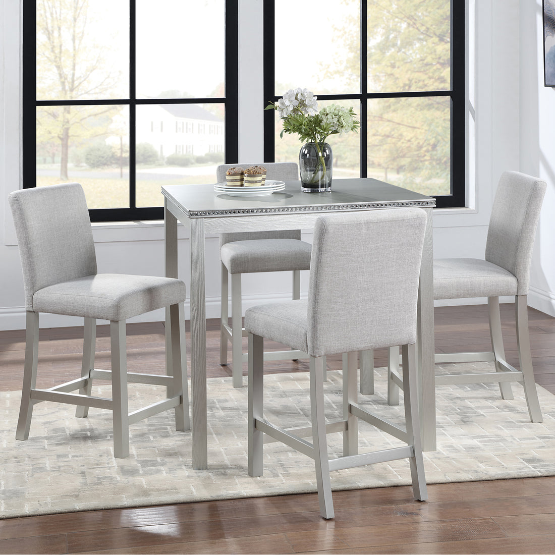 5 Piece Counter Height Table Set, Wooden Kitchen Table Set With Square Table And 4 Upholstered Chairs, Counter Height Dining Table With Crystal Decoration And Chair Set, Silver Grey Beige Silver Gray Seats 4 Dining Room 4 Leg Square Dining Table With