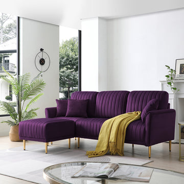 Modern Large Velvet Fabric L Shape Chaise Lounge Couch Sectional Sofa Eggplant Purple Foam Velvet 3 Seat