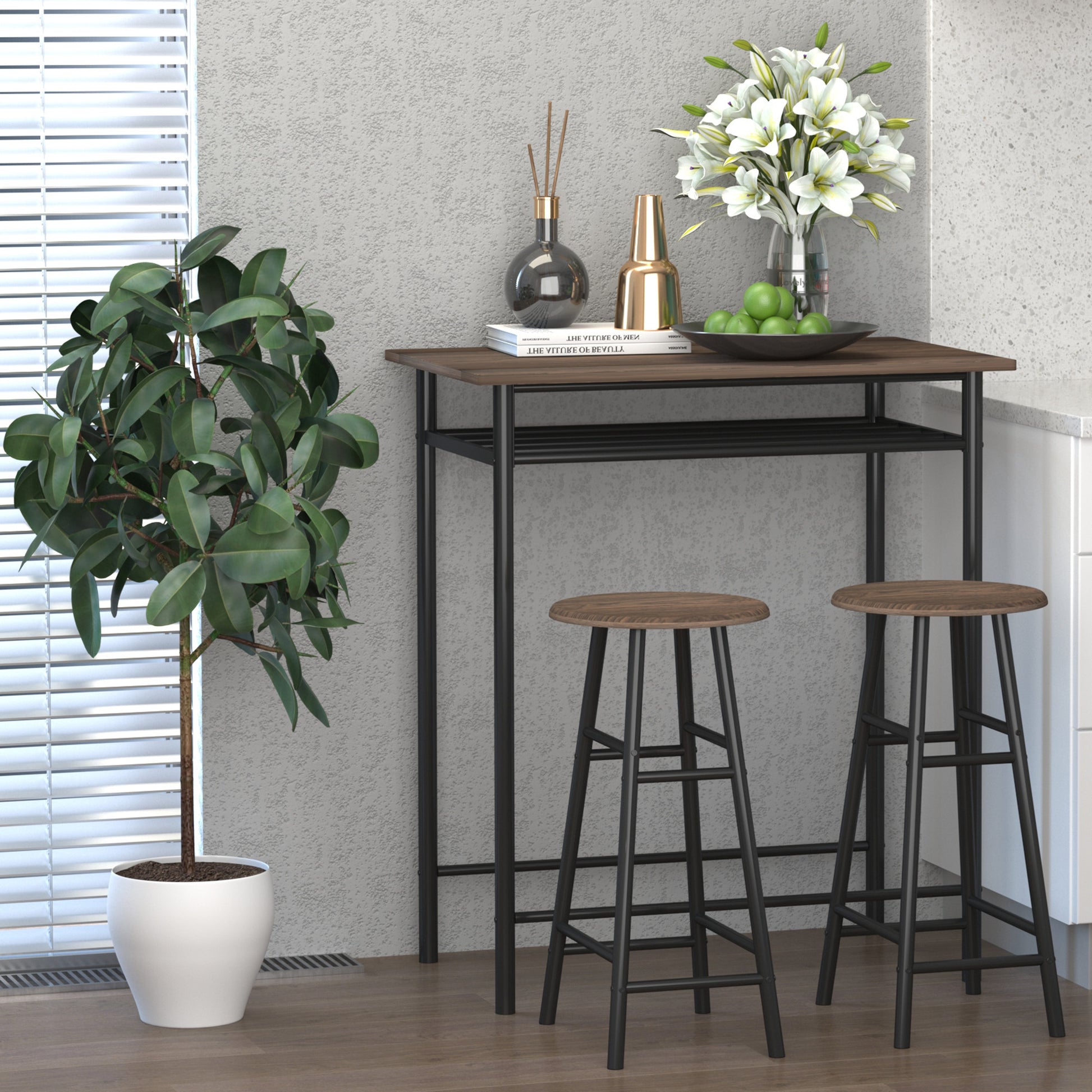 Homcom 3 Piece Counter Height Bar Table And Chairs Set, Space Saving Dining Table With 2 Matching Stools, Storage Shelf Metal Frame Footrest, Black, Brown Black Mdf