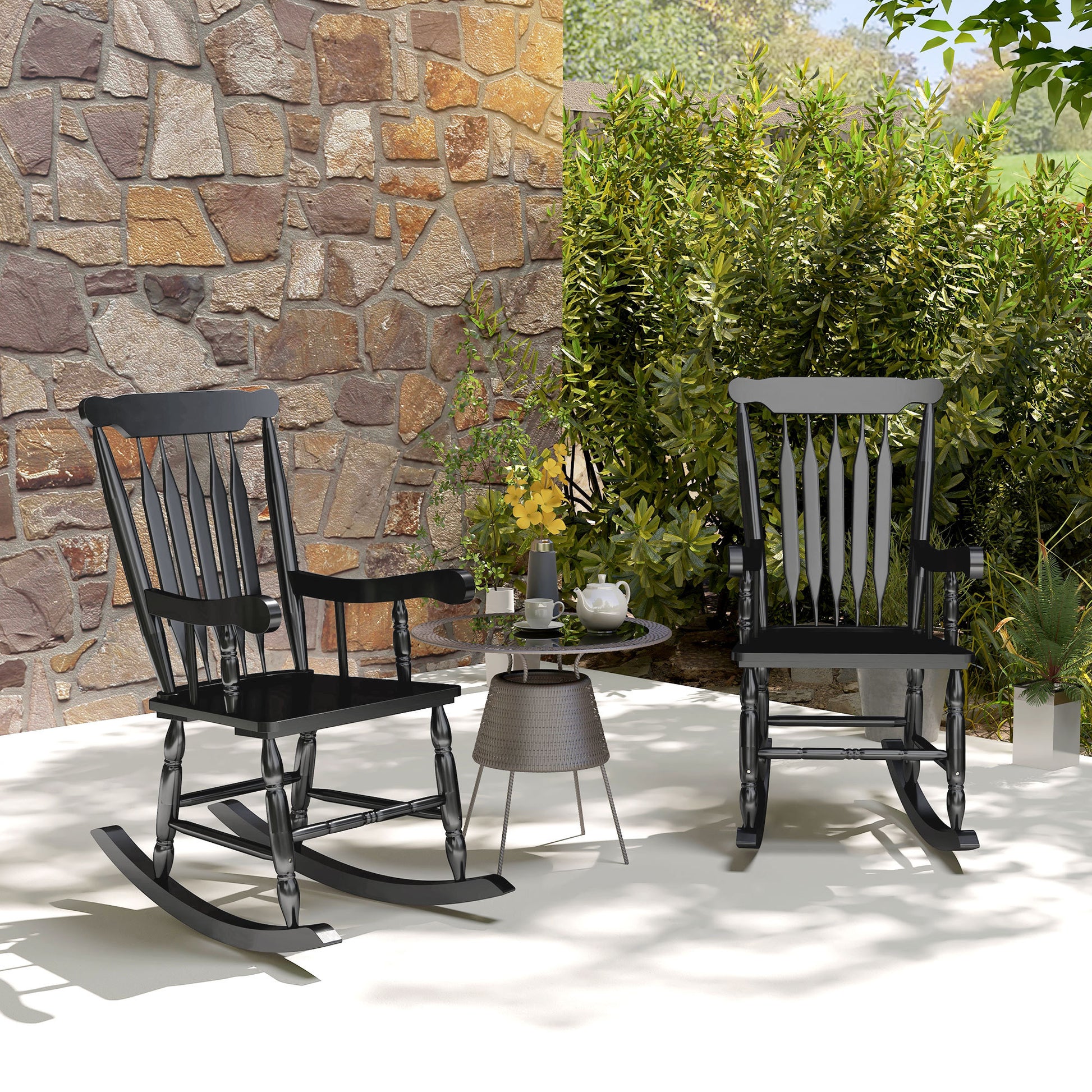 Outsunny Outdoor Wood Rocking Chairs Set Of 2, 350 Lbs. Porch Rockers With High Back For Garden, Patio, Balcony, Black Black Wood