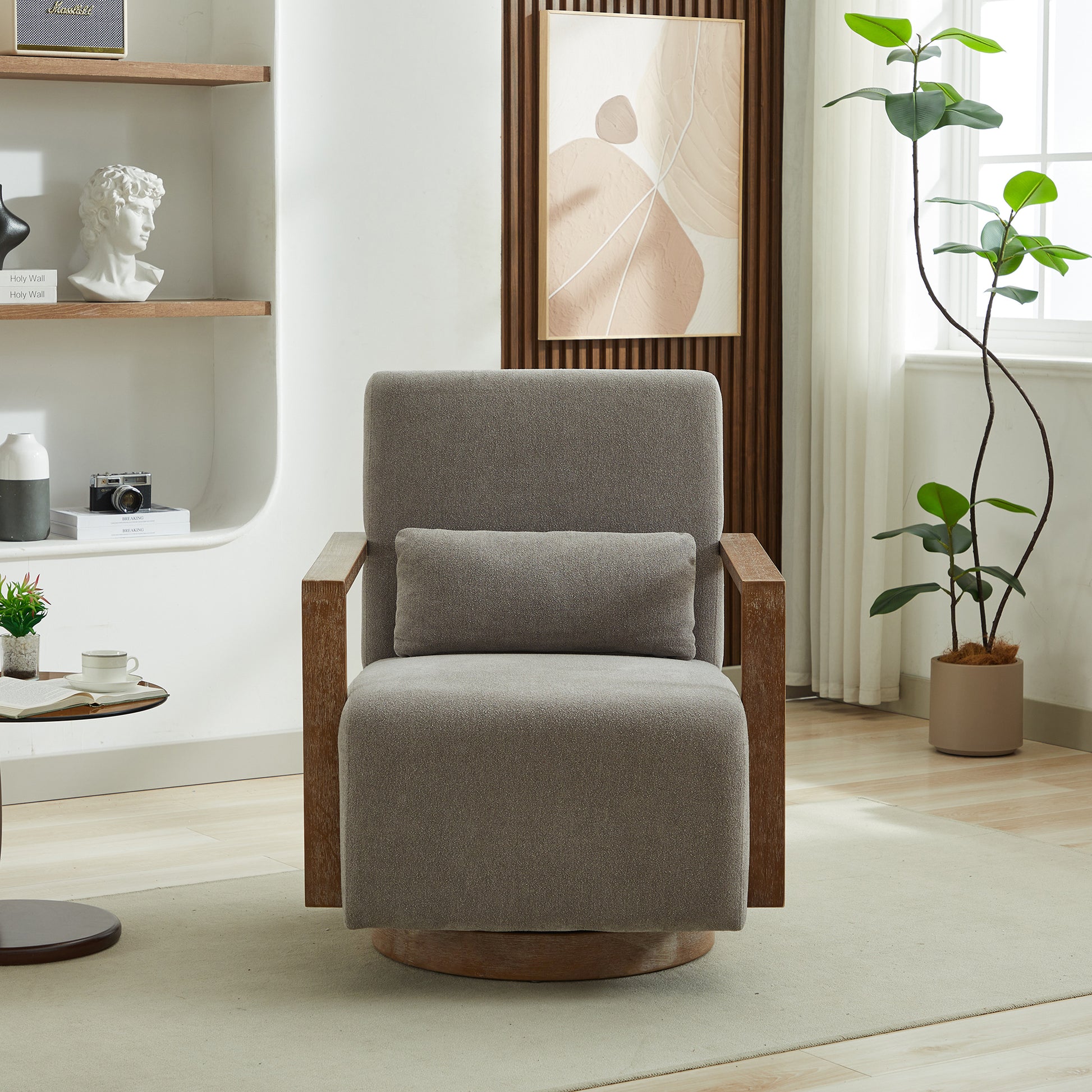 30.3"W Swivel Modern Upholstered Accent Chair With Solid Wood Armrests And 360 Degree Comfy Lounge Reading Chair, Side Armchair For Hotel, Bedroom, Living Room, Office, And Nursery Room. Gray Gray Linen Blend