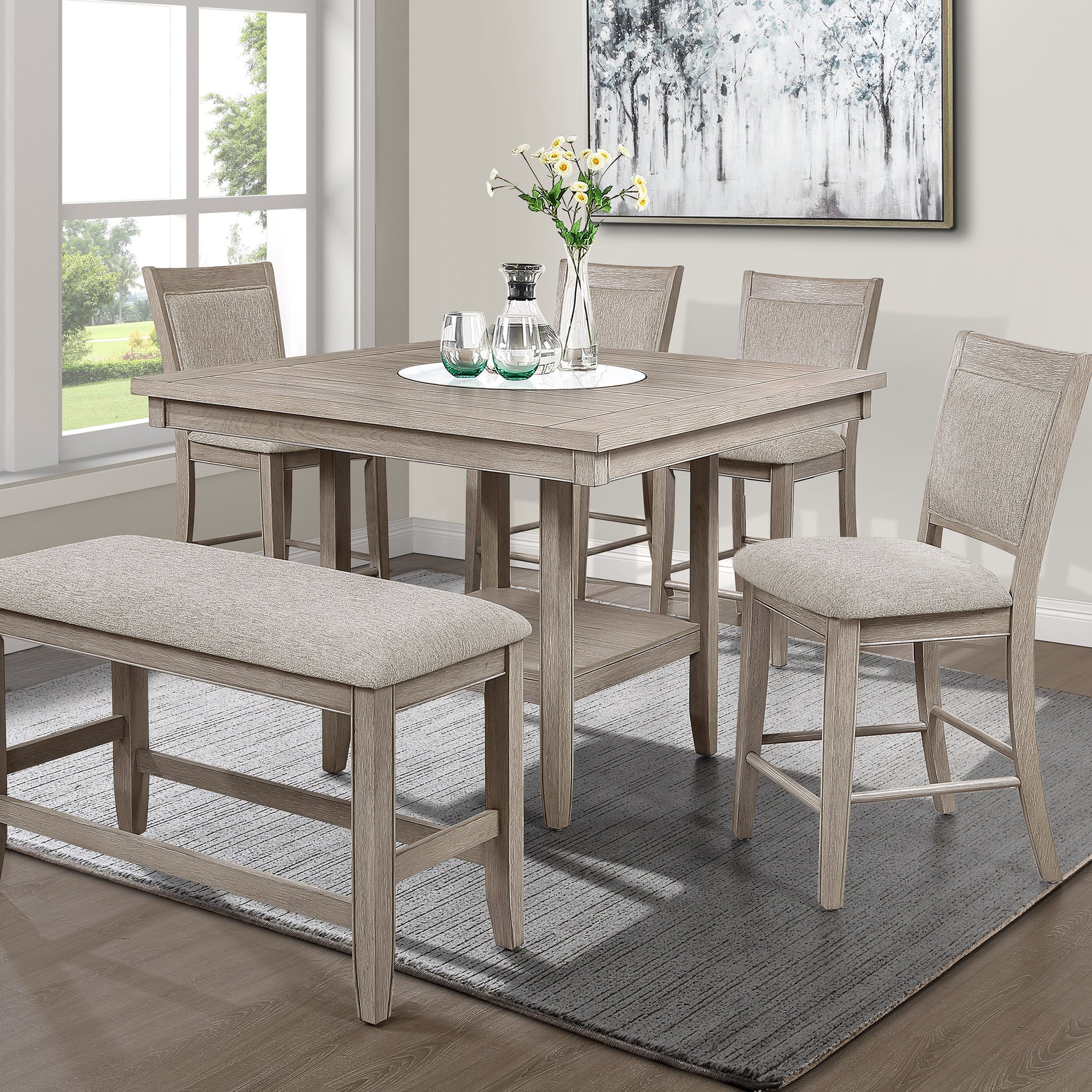 6Pc Dining Set Contemporary Farmhouse Style Counter Height W 20 Inch White Faux Marble Lazy Susan All Tan Beige Gray Finish Upholstered Chairs Bench Wooden Solid Wood Dining Room Furniture