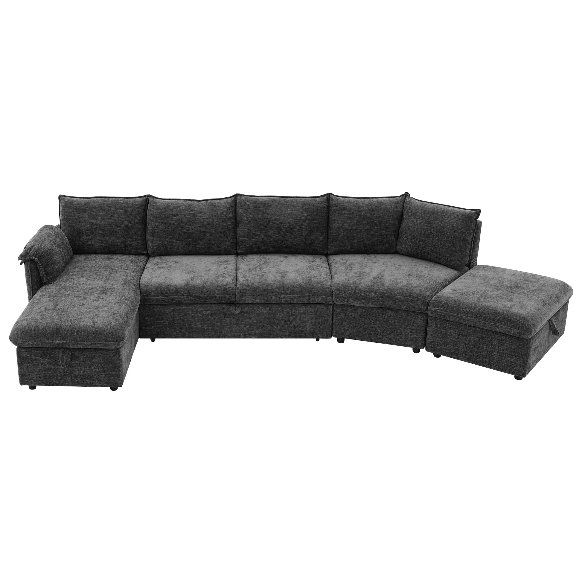 146.9" L Shaped Sofa Sectional Sofa Couch Pull Out Sofa Bed With A Movable Storage Ottoman, A Storage Chaise Lounge And Two Usb Ports For Living Room, Grey Grey Foam Linen 5 Seat