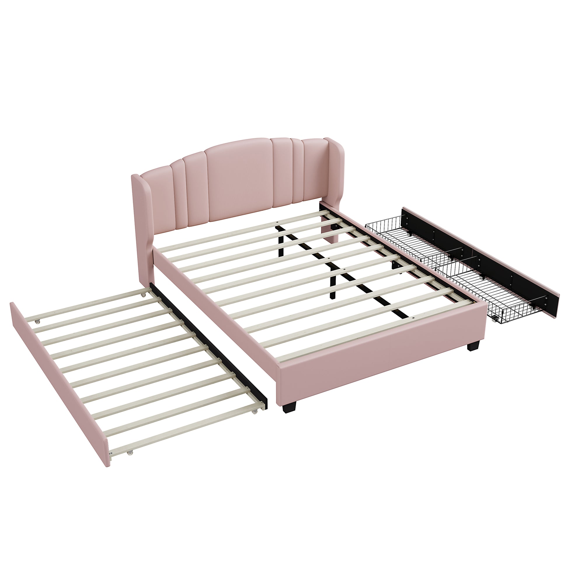 Upholstered Platform Bed With Wingback Headboard, One Twin Trundle And 2 Drawers, No Box Spring Needed, Linen Fabric, Queen Size, Pink Pink Linen