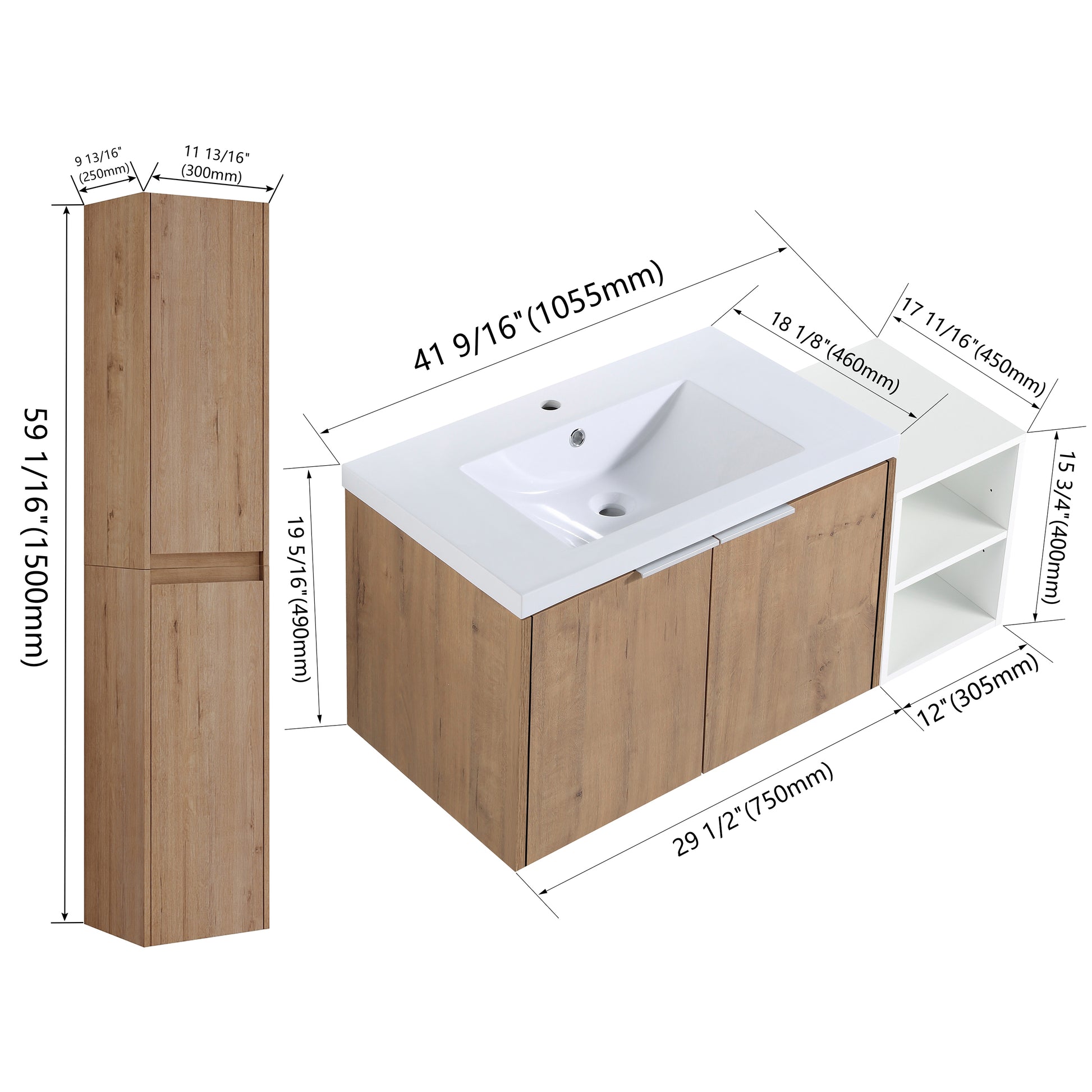 42" Wall Mounted Bathroom Vanity With Sink And Side Cabinet, Soft Close Doors,00112Imox2 0630Imo 0612Gwh Combination Cabinet Kd Packing Imitative Oak Bathroom Modern Plywood Plywood