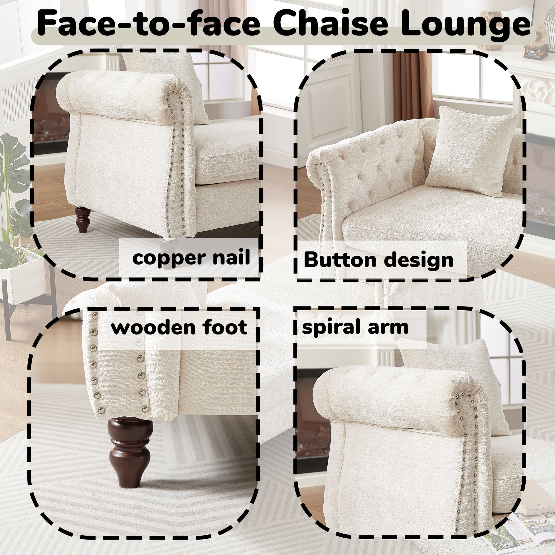 81 Inch Chenille Face To Face Chaise Lounge With Two Pillows,Nailhead Trim,Button Tufted Design And Rolled Arms For Lounge, Living Room And Office Beige Chenille 1 Seat