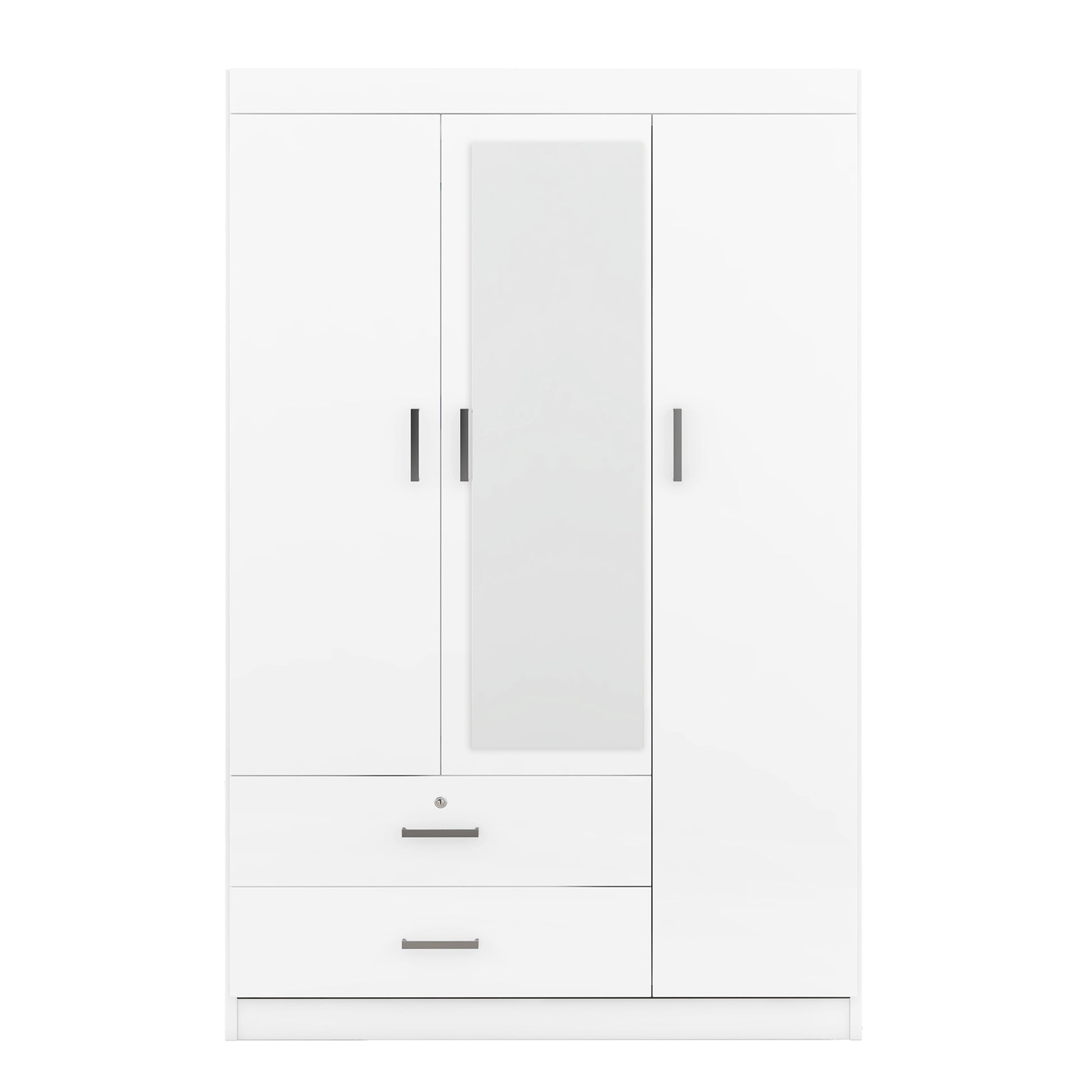 3 Door Mirror Wardrobe With Shelves, White White Plywood