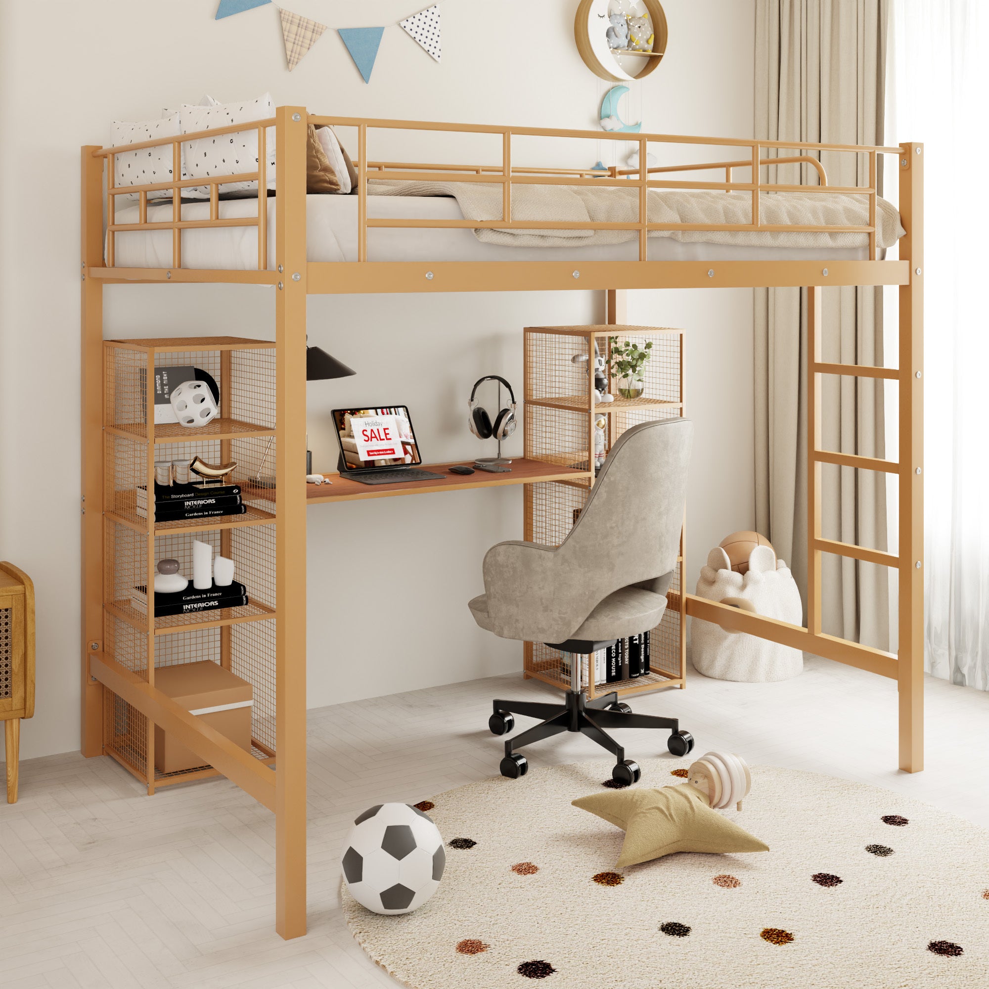 Full Size Metal Loft Bed With Built In Desk And Shelves, Gold Brown Box Spring Not Required Full Brown Gold Metal Bedroom Mdf Metal