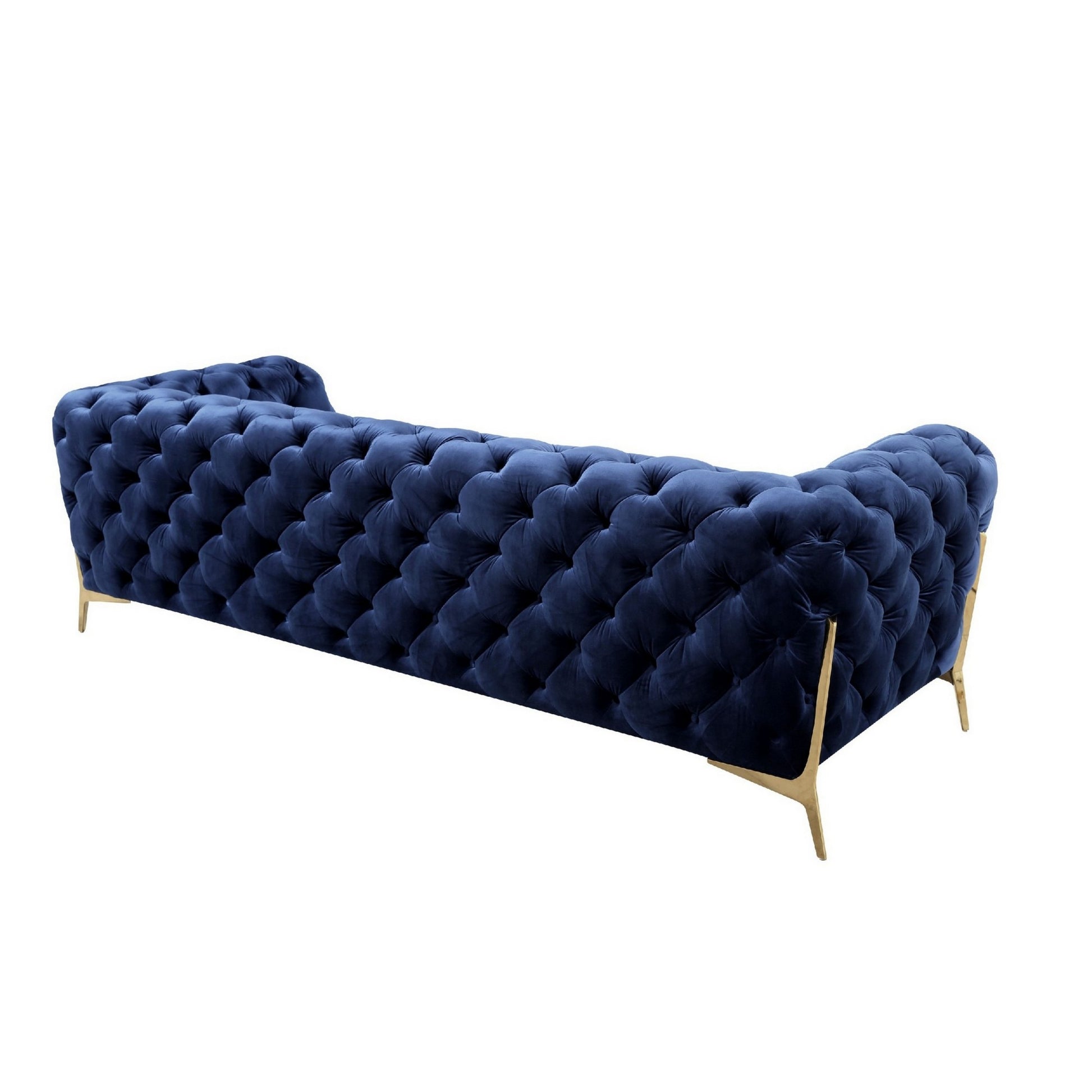 Reno Joni 97 Inch Modern Sofa, Chesterfield, Velour Fabric, Blue, Gold Blue Fabric Metal 3 Seat