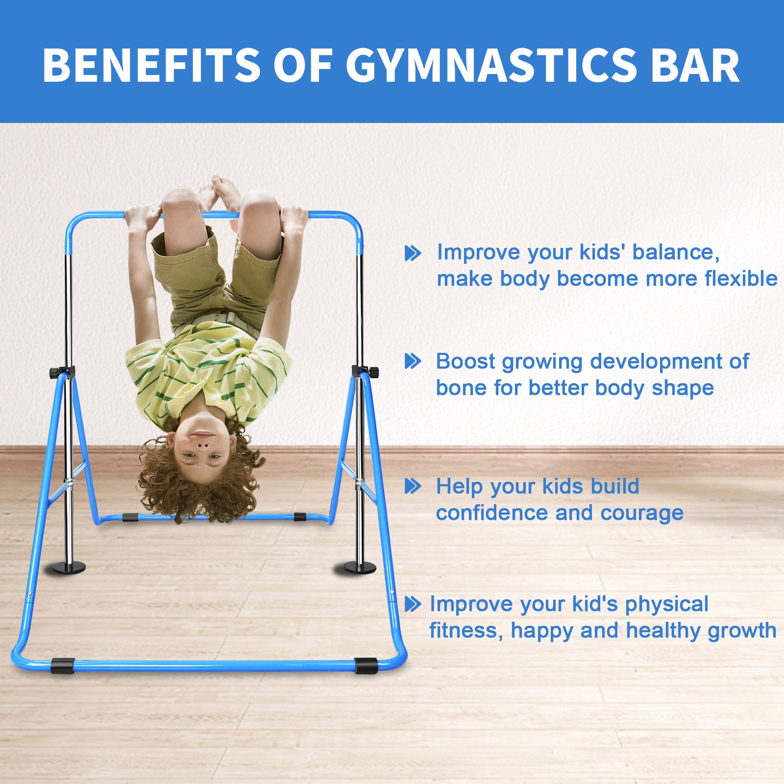 Multi Functional Adjustable Height Children'S Horizontal Gymnastic Bar With Bear Rings Blue Steel