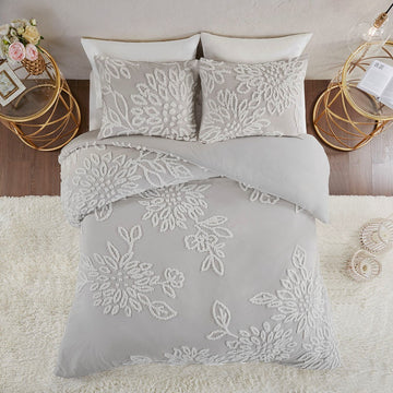 3 Piece Tufted Cotton Chenille Floral Duvet Cover Set King Grey Cotton