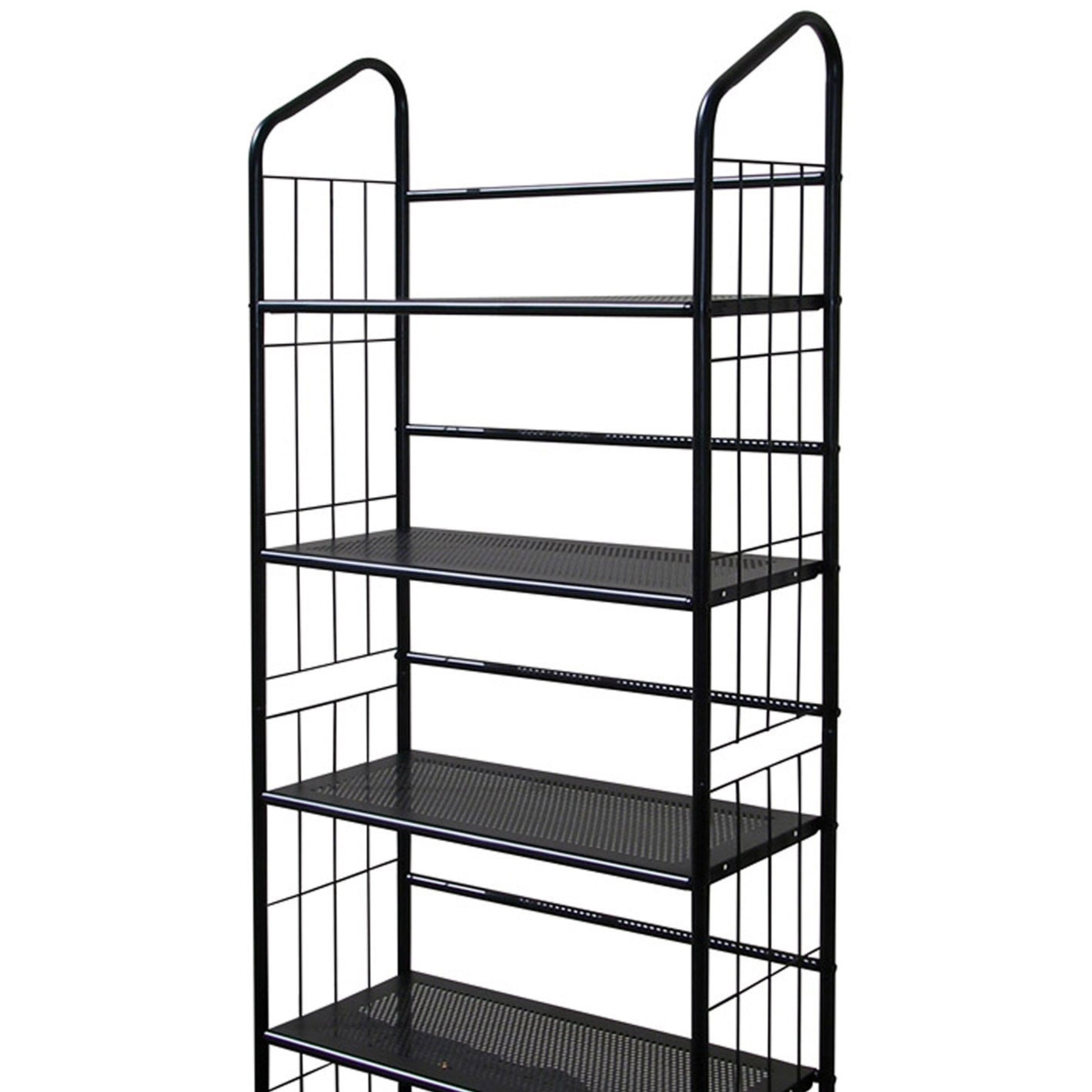 64" Tall 5 Tier Corner Metal Bookcase Book Shelf, Black Finish Black Wood