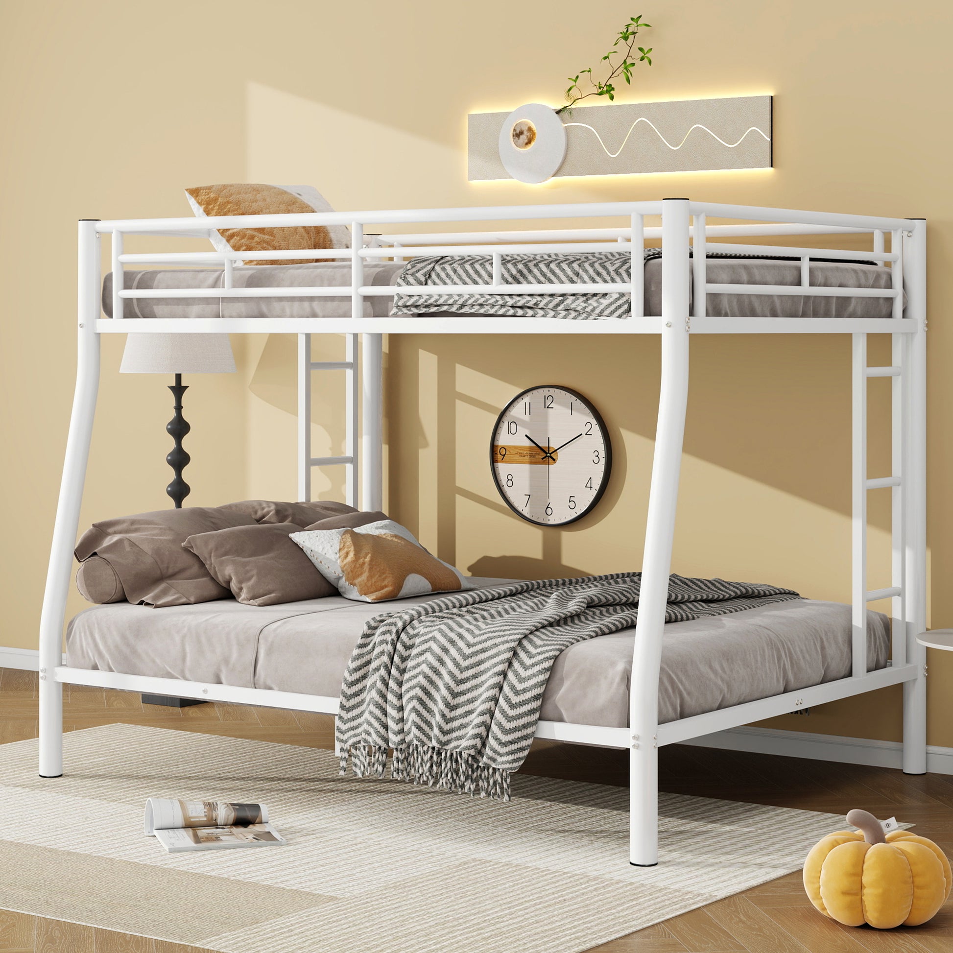 Full Xl Over Queen Metal Bunk Bed With Ladder And Guardrails, White Expected Arrival Time: 9.7 Box Spring Not Required Full Xl White Metal Metal