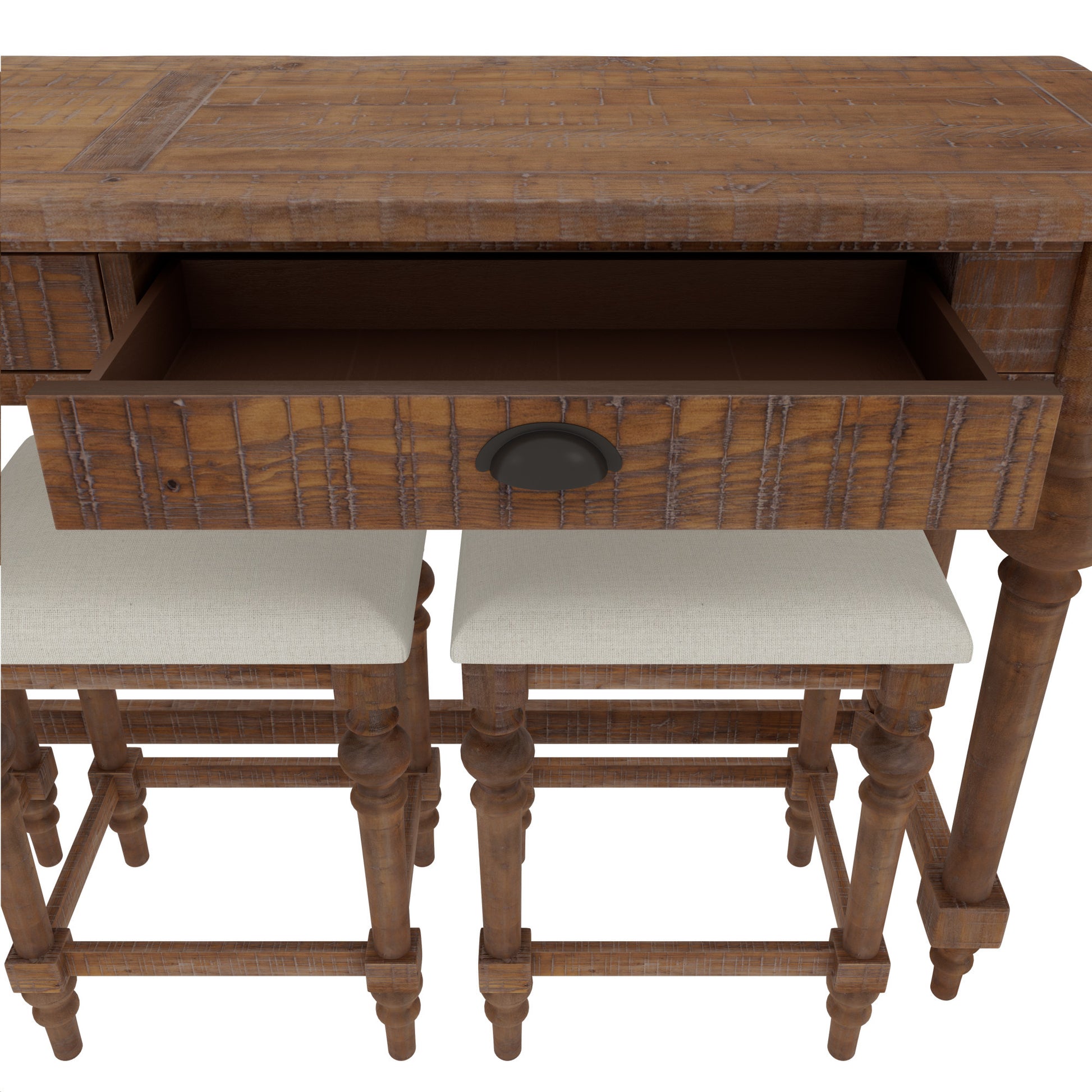 Ludin Brown Console Table With 3 Stools Brown Drawers Rectangular Solid Wood