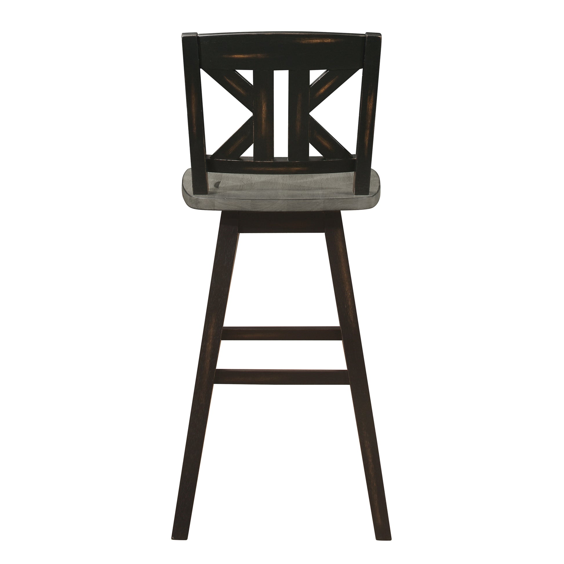 Pub Height Chairs Set Of 2, Distressed Gray And Black 360 Degree Swivel Chair Solid Rubberwood Furniture, Divided X Back Bar Chairs Black Gray Dining Room Rustic Solid Wood