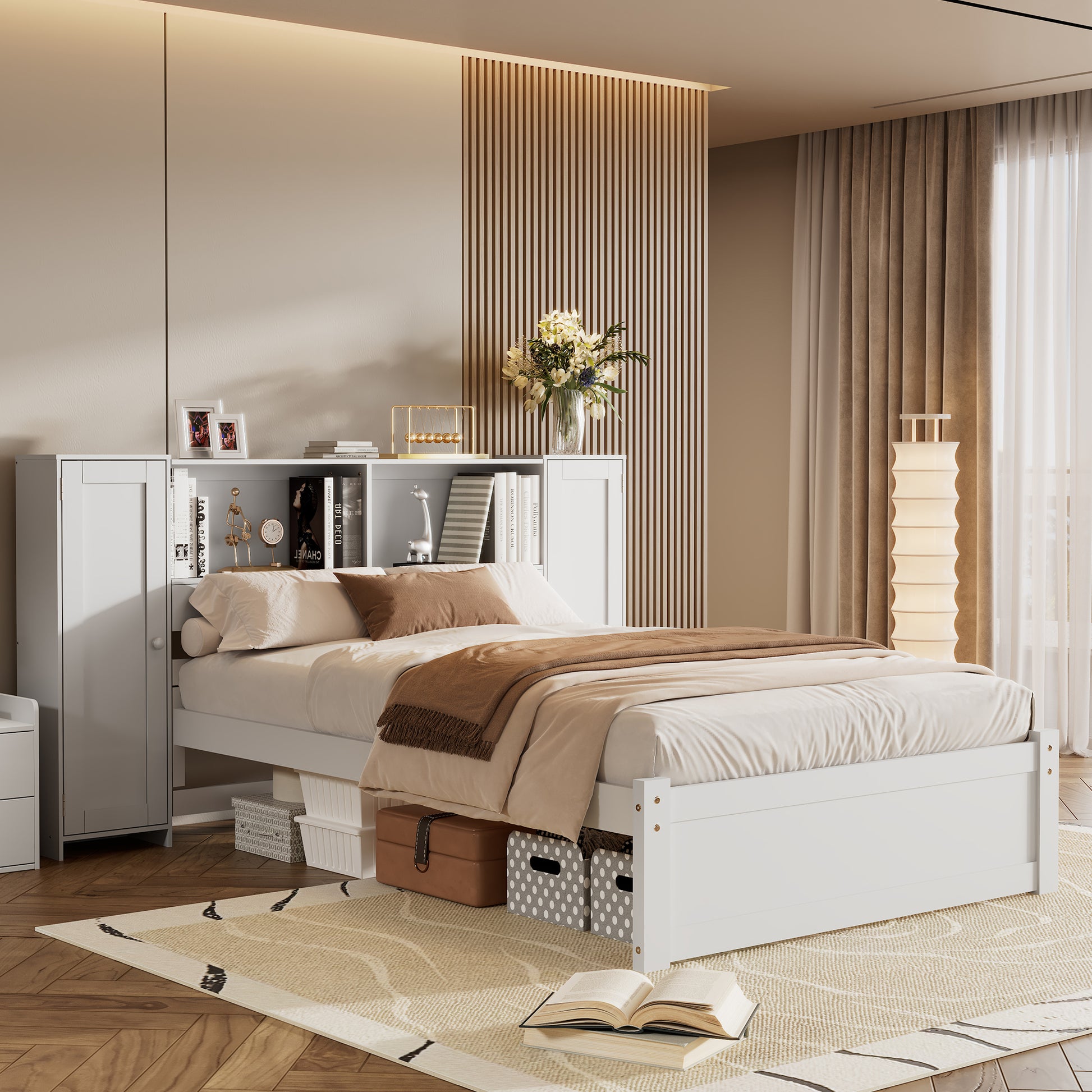 Twin Size Platform Bed With Storage Headboard And Lockers, White Twin Box Spring Not Required White Wood Bedroom Solid Wood Mdf