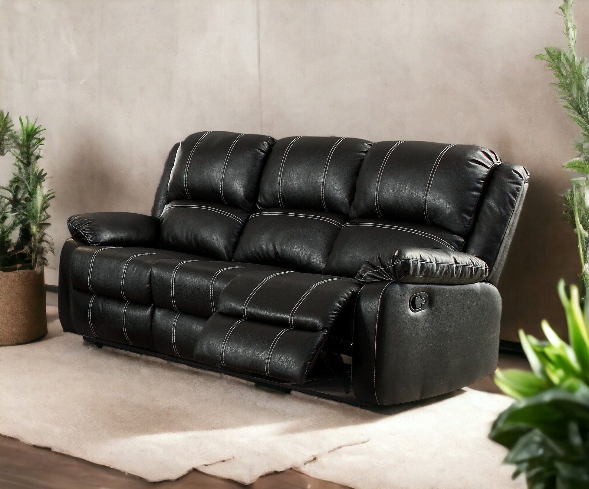 Zuriel Motion Sofa, Black Synthetic Leather Lv52285 Black Upholstered 3 Seat