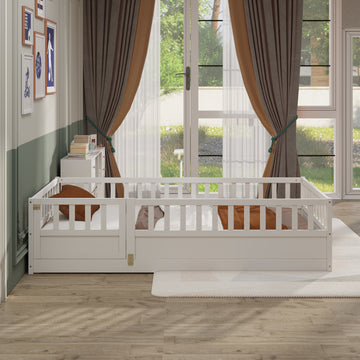 Twin Size Floor Bed, Integral Construction With Super High Security Barrier, Door, Children'S Floor Bed Frame, Montessori Wooden Children'S Floor Bed, White Box Spring Required Twin White Wood Brown Bedroom American Design,Artsy Pine Bed Frame Pine