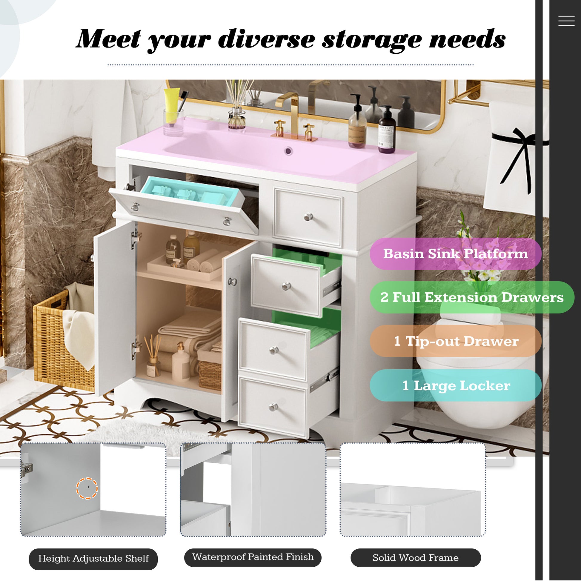 36'' Bathroom Vanity With Resin Sink Combo, Solid Wood Frame Bathroom Storage Cabinet, Freestanding Vanity Set With 3 Drawers& Adjustable Shelf White Bathroom Modern Solid Wood Mdf Resin