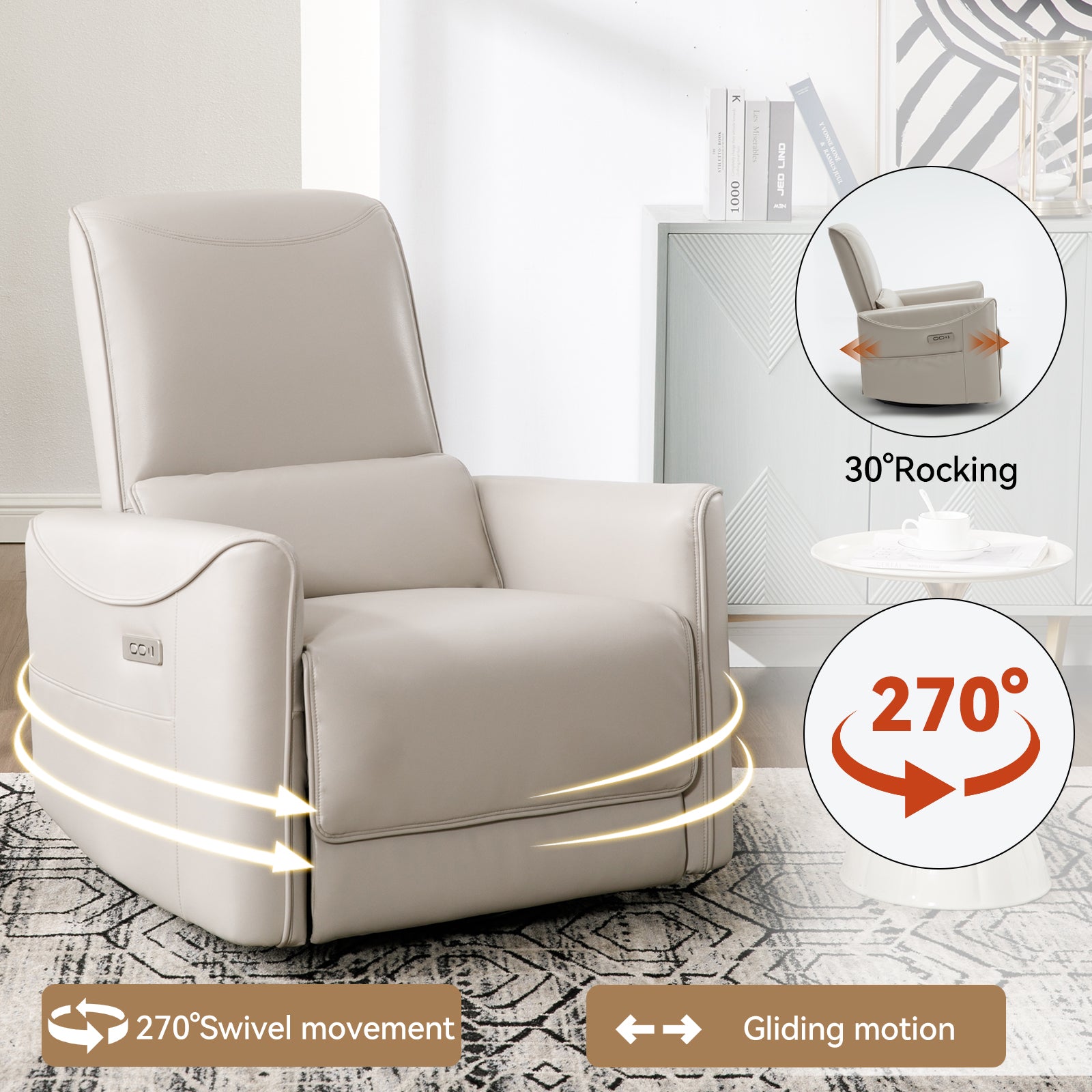 Beige Grey Leatheraire Swivel And Rocker Power Recliner Chair, Heavy Duty Motion Mechanism With Usb And Type C Ports Beige Grey Faux Leather Power Push Button Metal Primary Living Space Medium Firm Tight Back Heavy Duty American Design Pine Square Arms